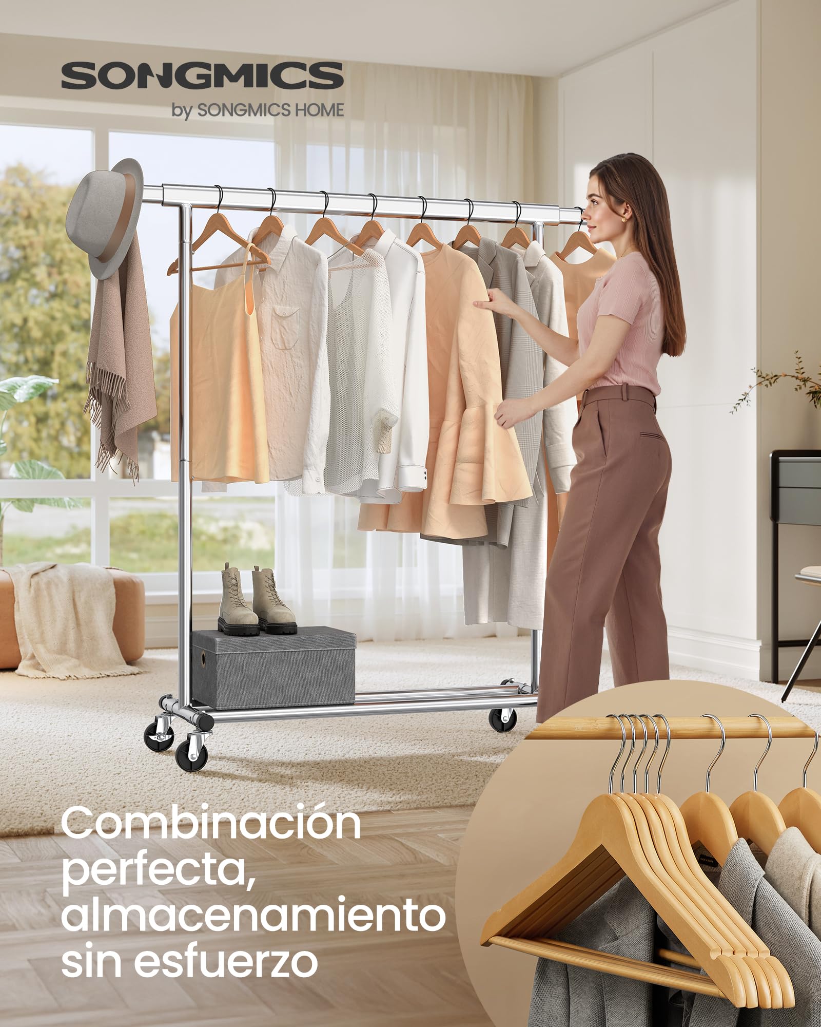 SONGMICS Juego de 20 Perchas, Perchero con Ruedas, Percha de Madera Maciza, Barra Extensible, Gancho Giratorio 360°, Plata, Natural y Plata HSR013S01