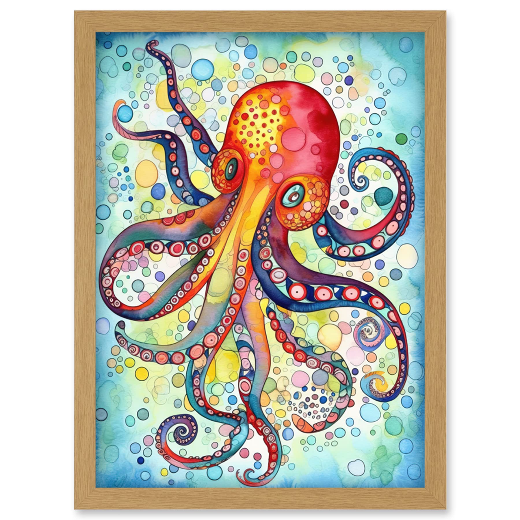 Artery8 Octopus Swimming In Air Bubbles Folk Art Watercolour Painting Artwork Framed Wall Art Print A4