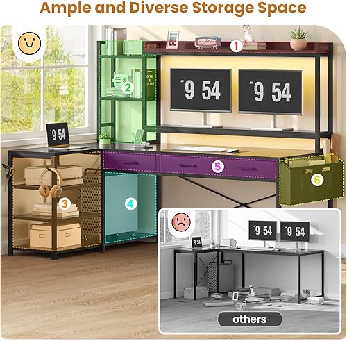 Miniatura 3 de SEDETA Escritorio para juegos en forma de L de 55 pulgadas, escritorio para juegos con gabinete y cajones, escritorio esquinero para computadora con