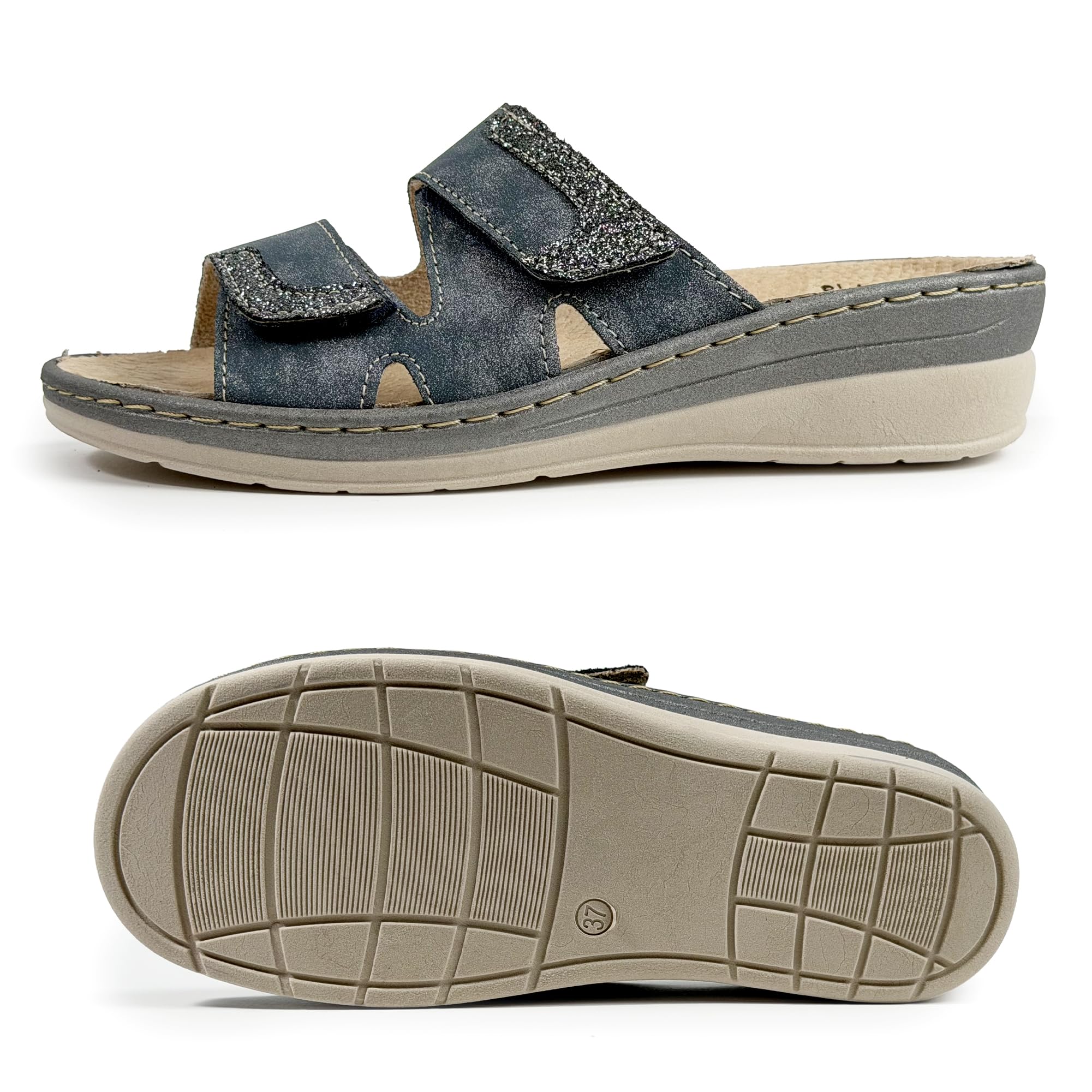 JOMIX Mules Femme Orthopédiques à Scratch Pantoufles d'Été Anatomiques Semelle Amovible en Cuir Véritable Sandales églables Compensées Confortables pour Pieds Sensibles et Senior Bleu 35