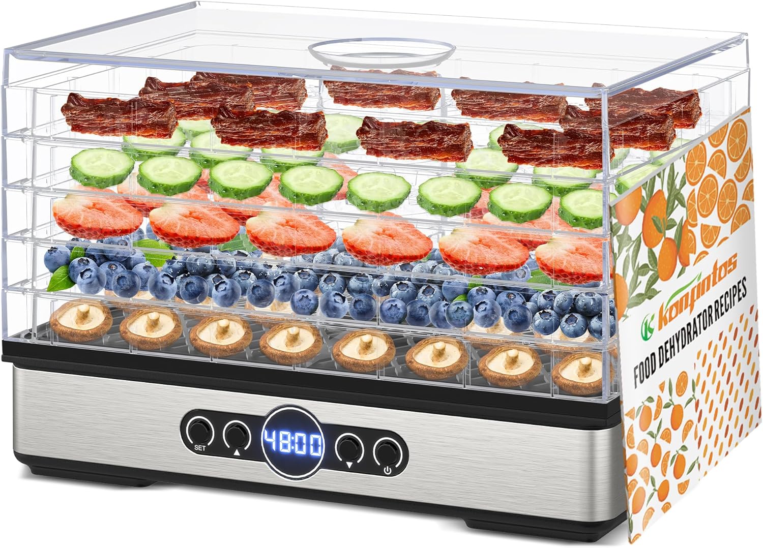 Food Dehydrator for Jerky, 5 BPA-Free Trays 400W Small Dehydrator Machine for Meat, Fruits, Mushroom, Herbs, Dog Treats, Digital Adjustable Timer & Temperature Control, Recipes Book included Thumbnail