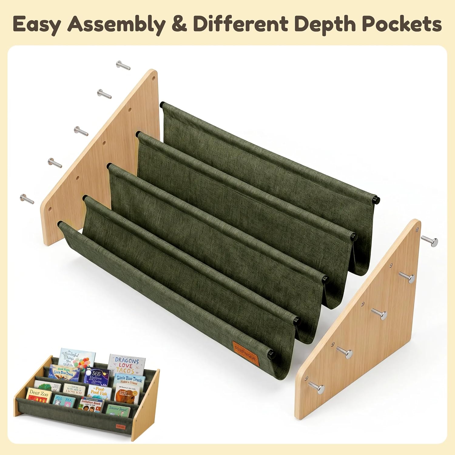 PERFNIQUE Montessori Kids Bookshelf, Wooden Front-Facing Baby Bookcase Organizer for Toddlers, 4-Tier Sling Decorative Book Rack with Deep Pockets for Kid Rooms, Nursery, Playroom & Reading Corner