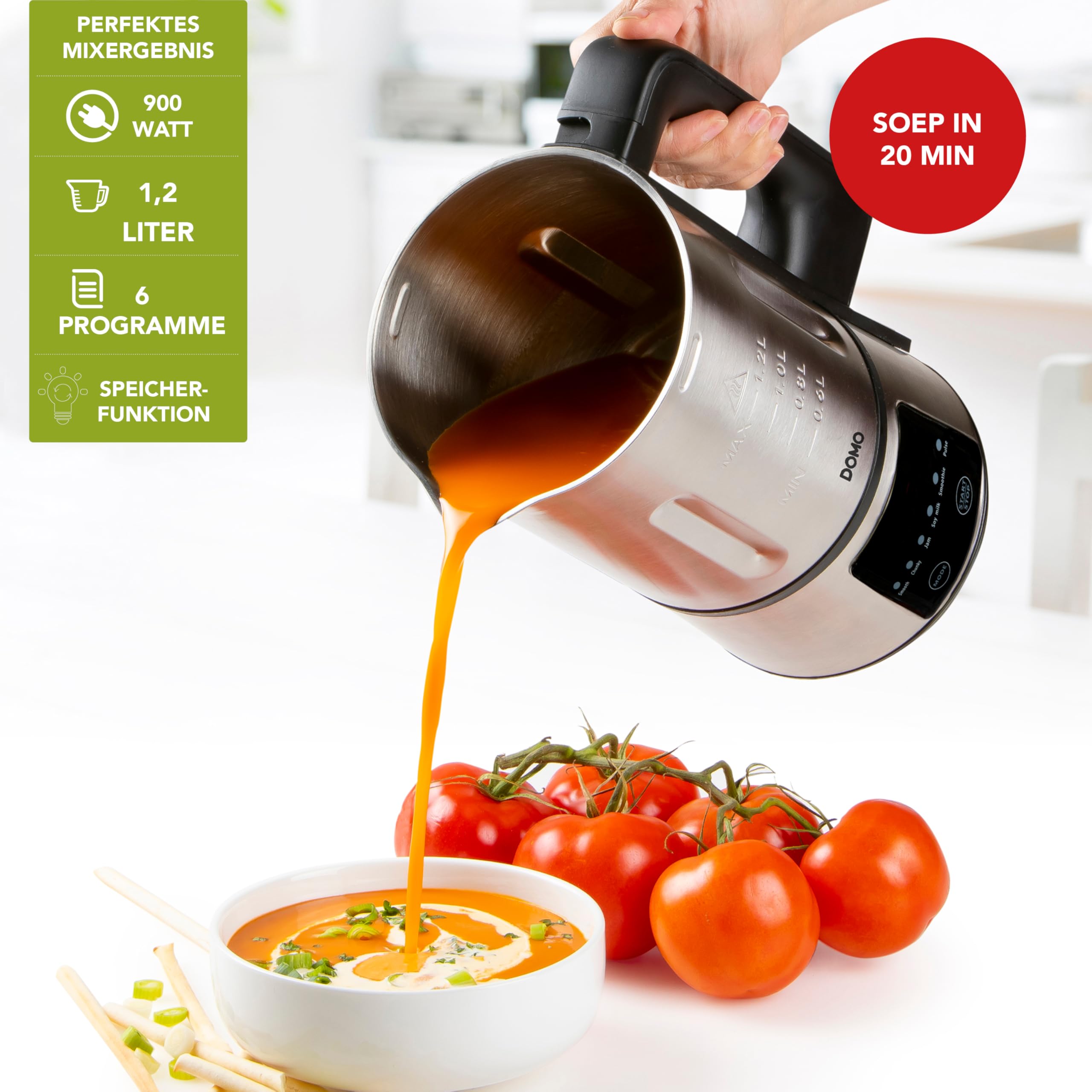 DOMO DO727BL Suppenmacher 1,2 L Standmixer Edelstahl Schwarz 6 Automatische Programme