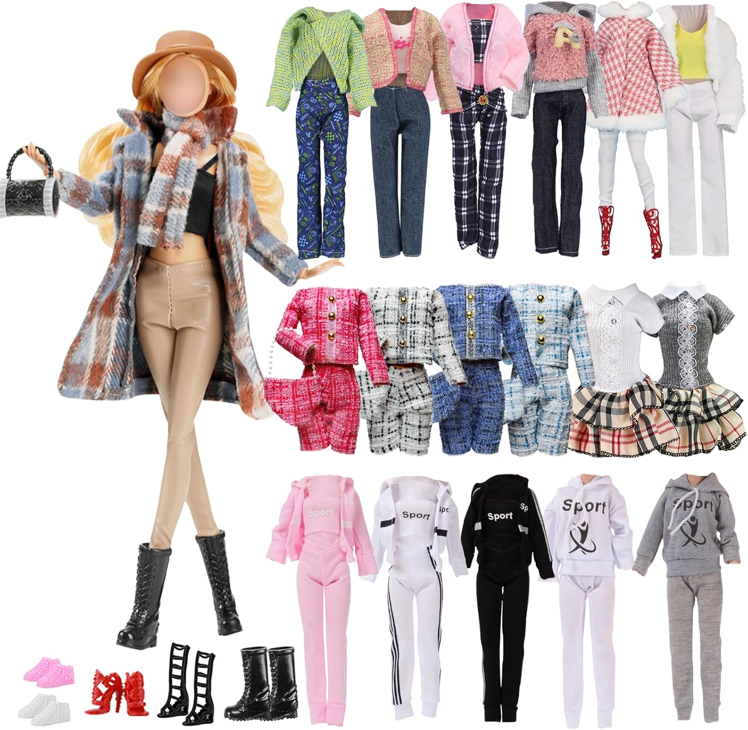 14 Pcs Doll Clothes for 11.5 inch Doll, Include 1 Plaid Coat Set 1 Winter Set 1 Sports Outfit 1 Dress 2 Bags 5 Shoes 1 Hat 1 Scarf in Random, for Girls