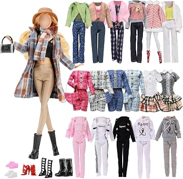 14 Pcs Doll Clothes and Accessories for 11.5 inch Doll Include 1 Plaid Coat Set 1 Winter Set 1 Sports Outfit 1 Dress 2 Bags 5 Shoes 1 Hat 1 Scarf In Random, for Girls