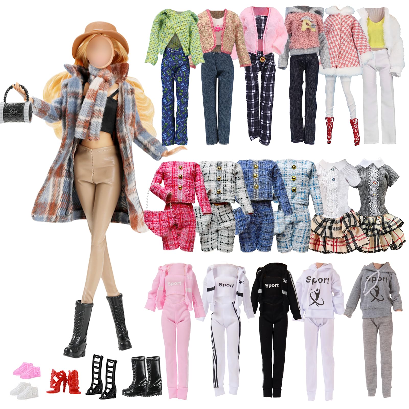 14 Pcs Doll Clothes and Accessories for 11.5 inch Doll Include 1 Plaid Coat Set 1 Winter Set 1 Sports Outfit 1 Dress 2 Bags 5 Shoes 1 Hat 1 Scarf In Random