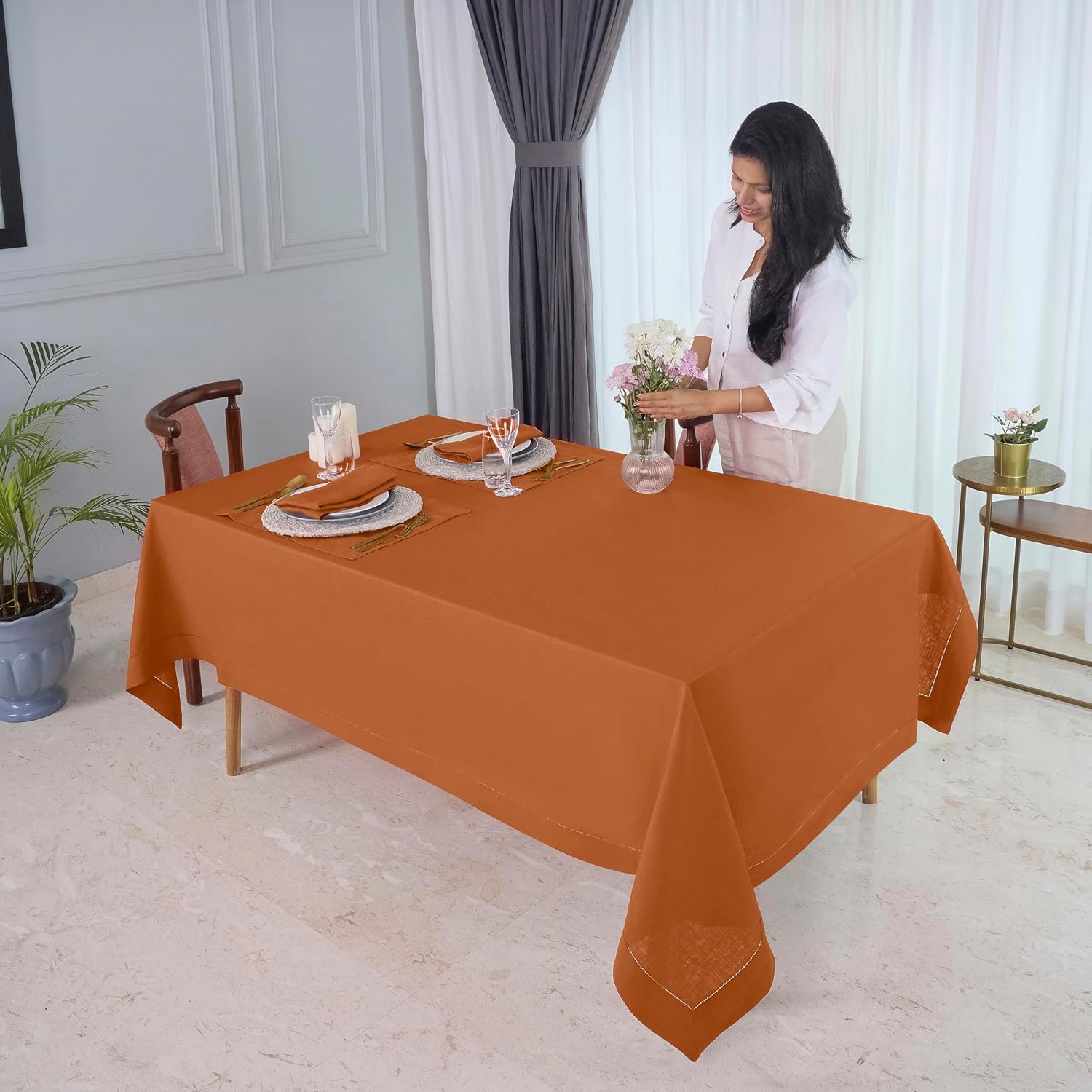 D'Moksha Homes Rust Linen Tablecloth for Rectangle Tables 60 x 144 Inch - 100% Pure Linen Rust Table Cloth - Classic Hemstitch, Machine Washable Dining Tablecloth for Spring, Easter