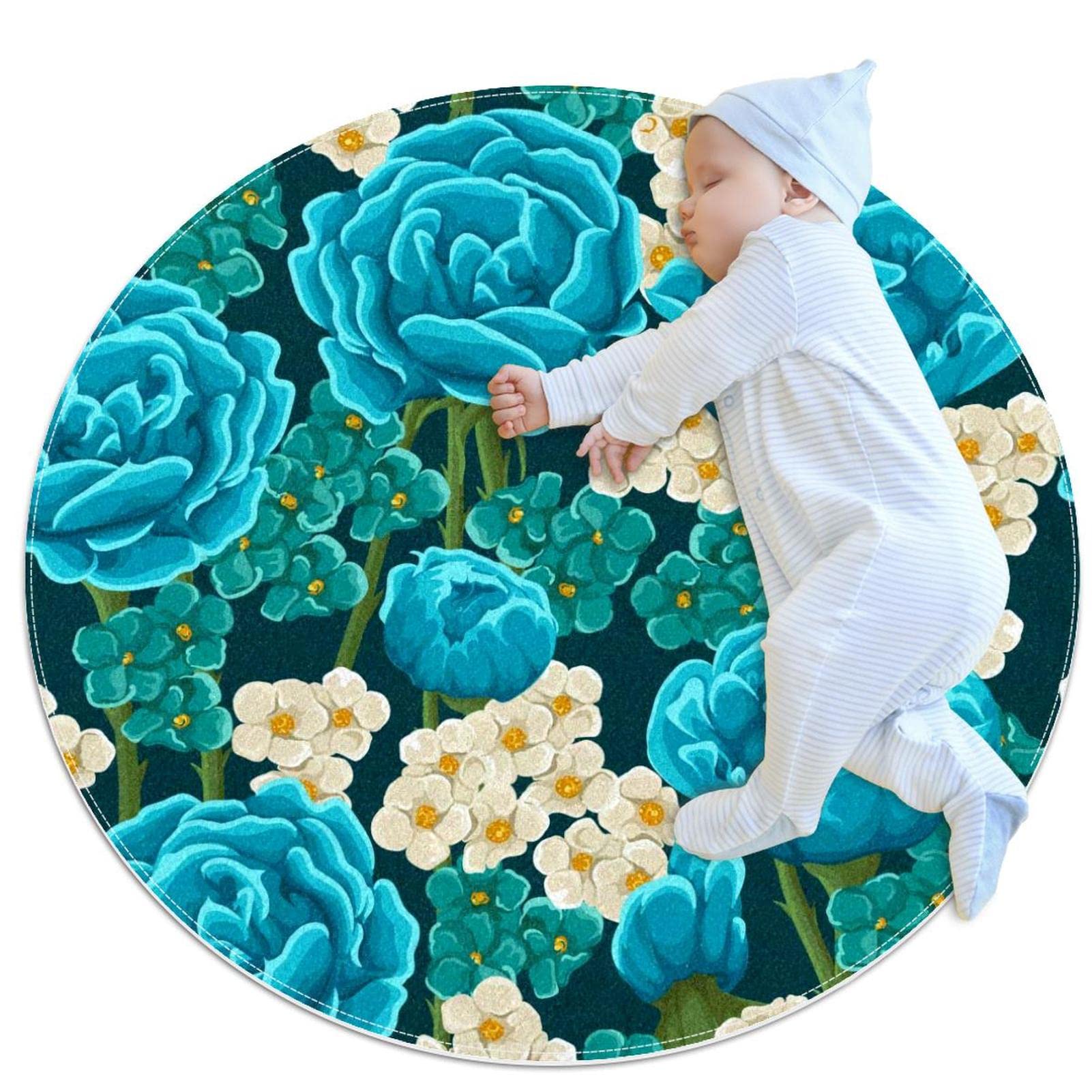 Tapis de jeu rond pour enfants fleurs de roses bleues et animaux