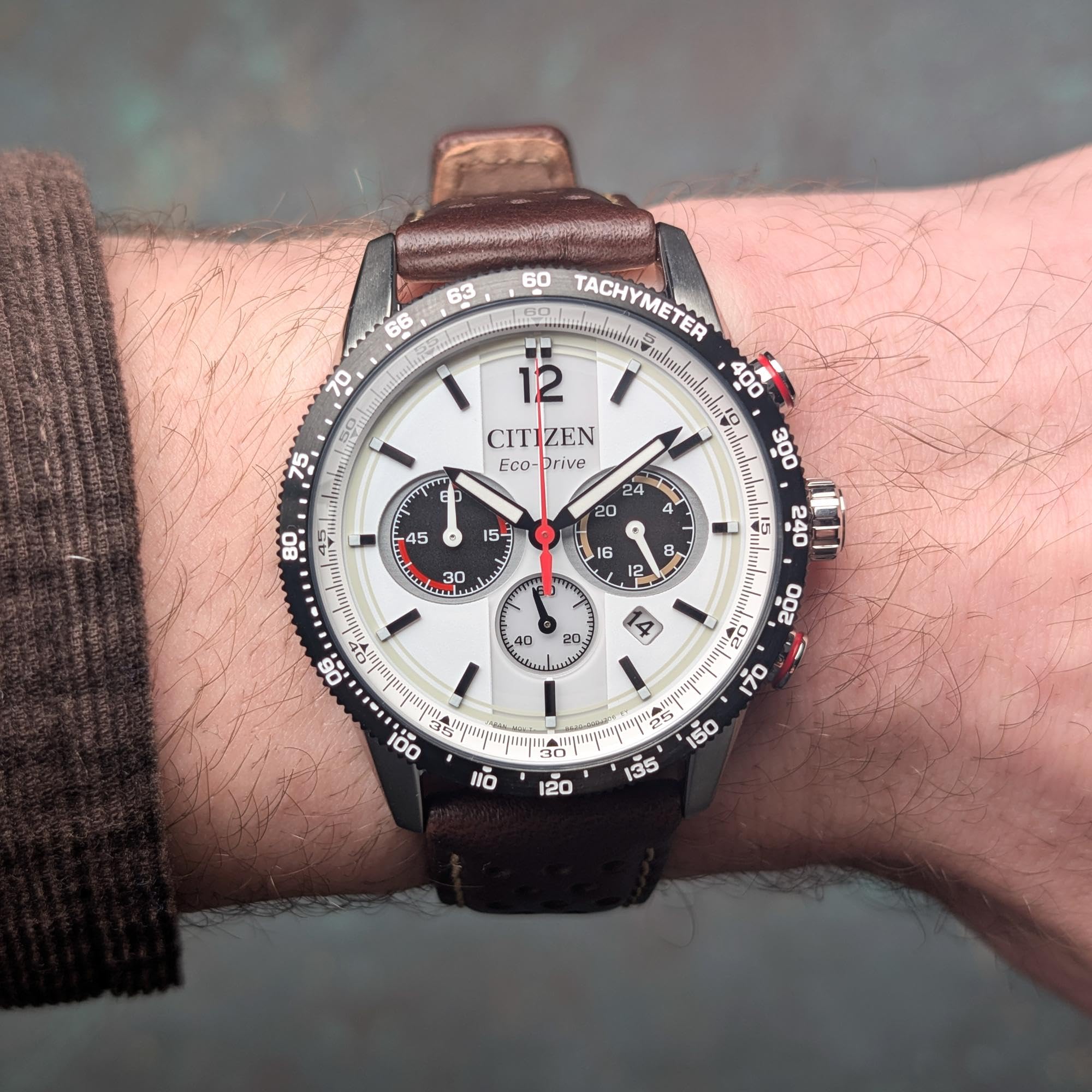 Citizen Eco-Drive Herrenuhr Edelstahl, Weiß, 39.9 mm, CA4714-04A | Analog Chronograph | Kristallglas | 10 bar Wasserdicht | 270 Tage Gangreserve | Stoppuhr: Max. 60 Min, Datum