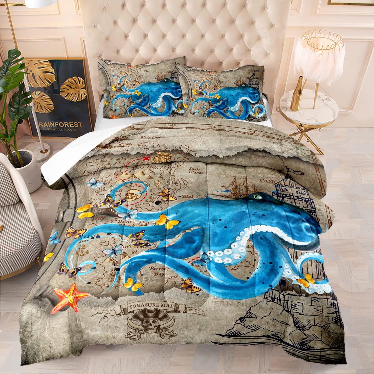 CVHOUSE Octopus Comforter Set Queen Size,Map Theme Octopus
