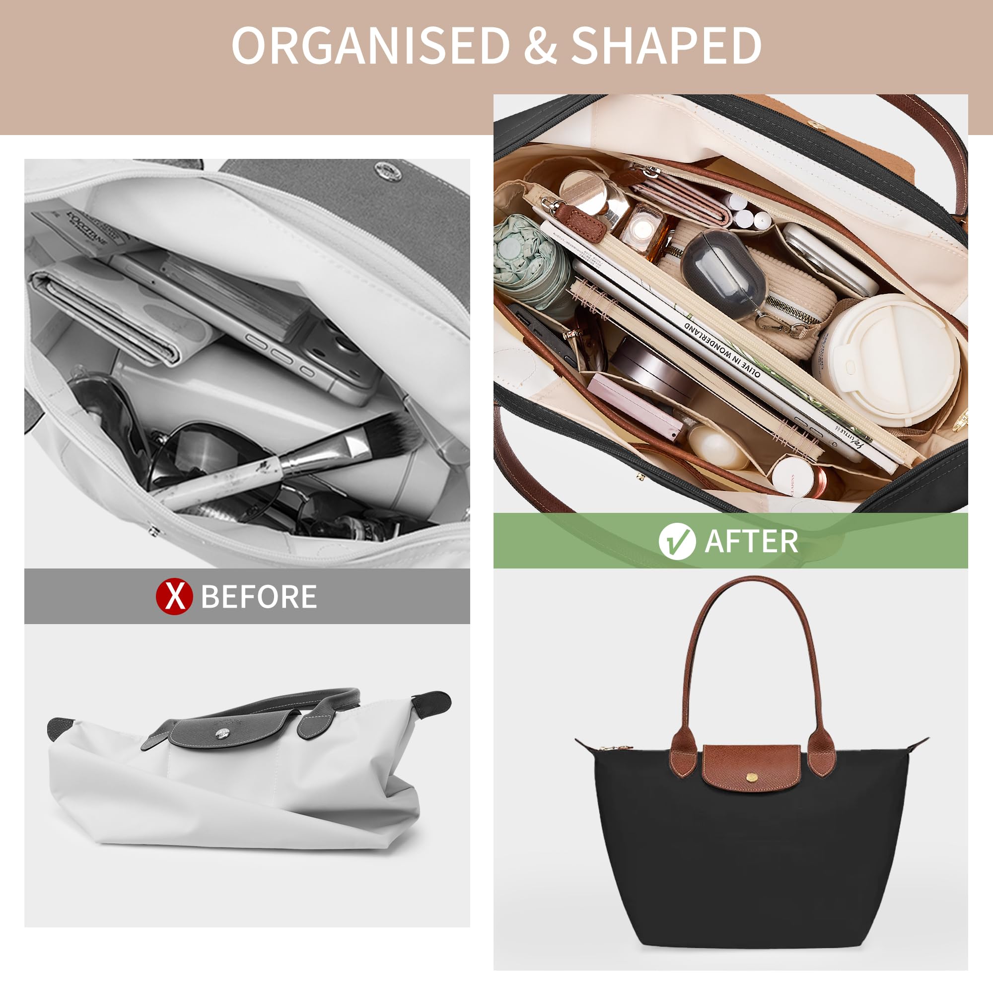 KALIDI Organizer do torby Longchamp Le Pliage M Xtra, ultralekki wodoodporny ulepszony rękaw wewnętrzny przegroda damska torba na ramię torebka torebka, średnia czarna