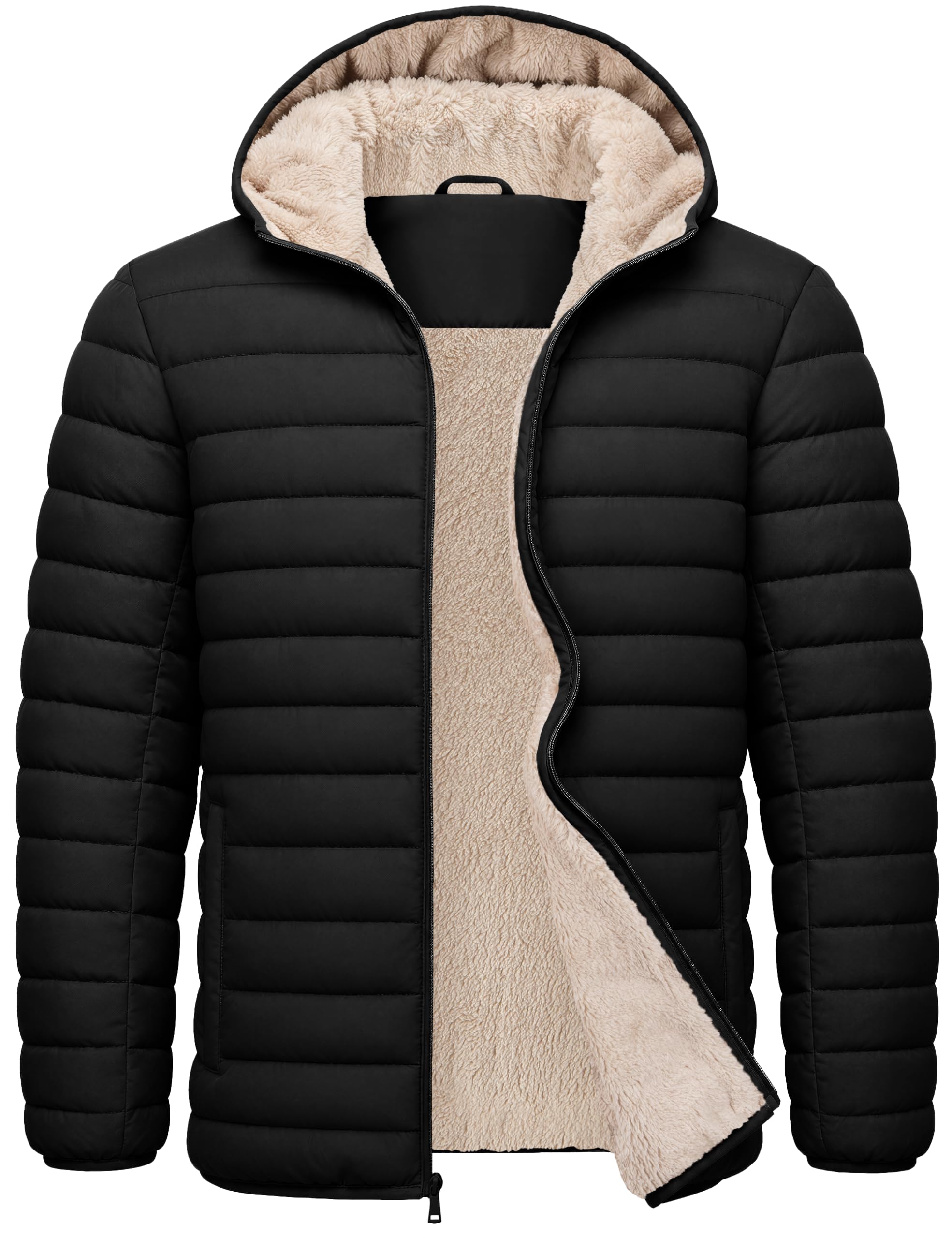 MAGCOMSEN Mens Puffer Jacket Hooded Sherpa Lined Winter Insulated Coat | Warm, Insulated, Sherpa Lined, Quilted, Full Zip, Windproof, 3 Zipper Pockets, Hooded, Winter, Casual, Travel, Outdoor, Snow