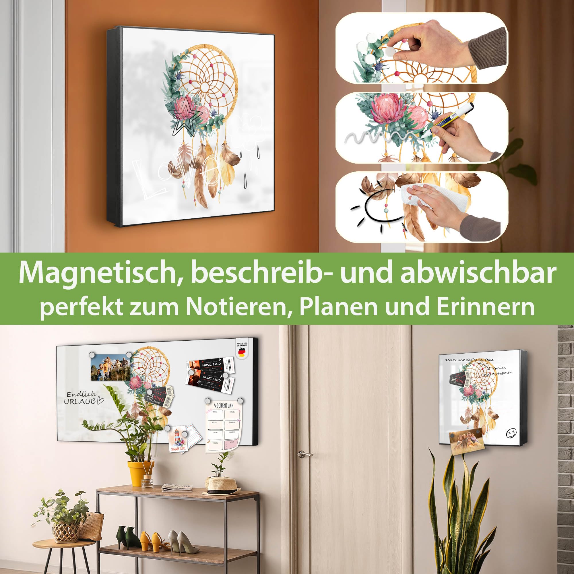banjado Großer Schlüsselkasten Metall - Schlüsselbox 30x30cm beschreibbarer mit 32 Haken - Schlüsselkasten modern für Schlüsselaufbewahrung - Korpus Schwarz Scharnier Rechts - Motiv Traumfänger Federn