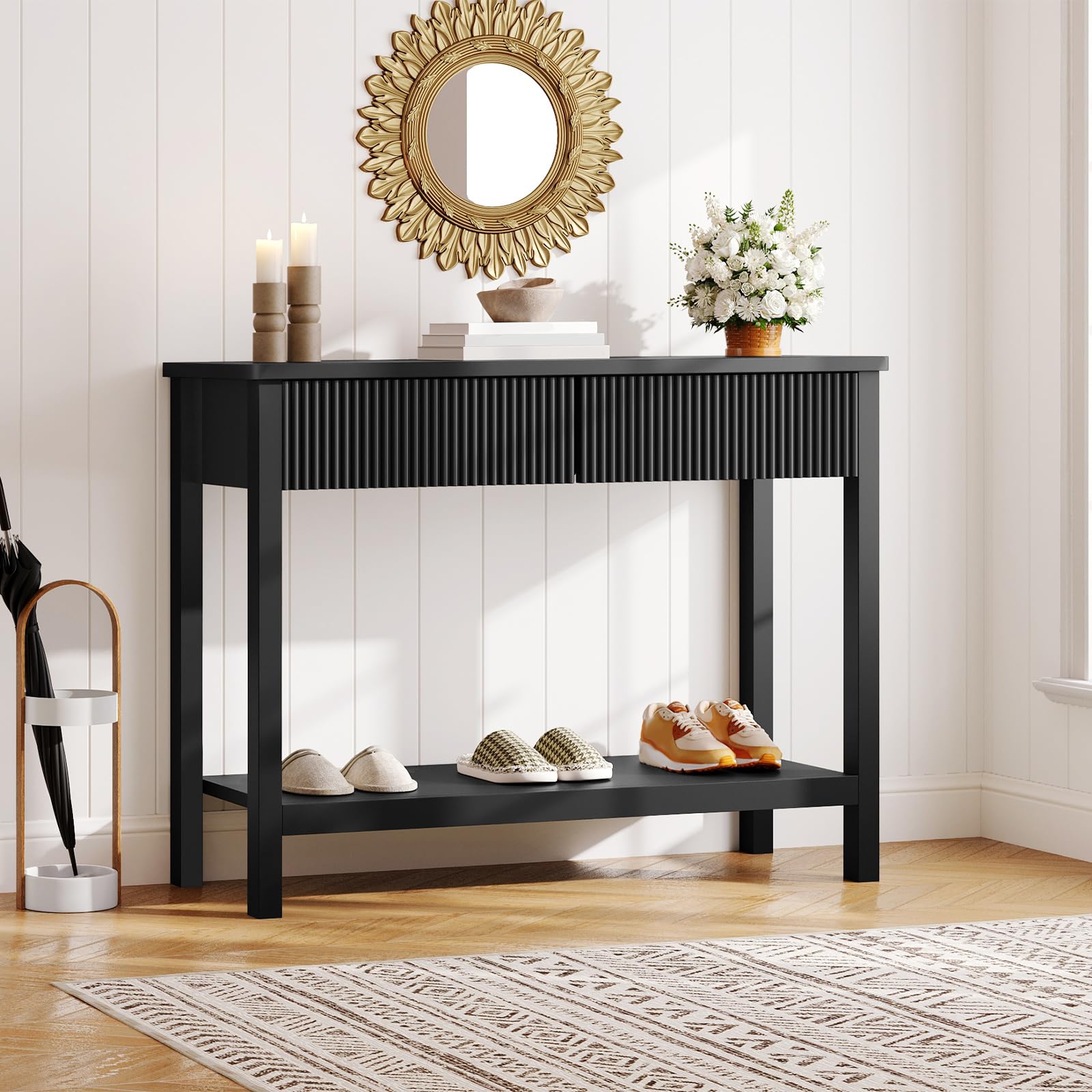 HOOBRO 100 cm Konsolentisch, schmaler Flurtisch mit Wellenplatten-Schublade, Sofatisch, Eingangstisch, Beistelltisch für Flur, Diele, Wohnzimmer, Schwarz EBK89XG01N1