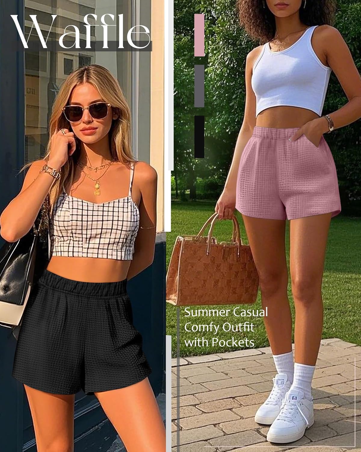 Ficerd 3 Pack Women's Sweat Shorts Waffle Knit Elastic High Waisted Lounge Summer Casual Comfy Outfit with Pockets