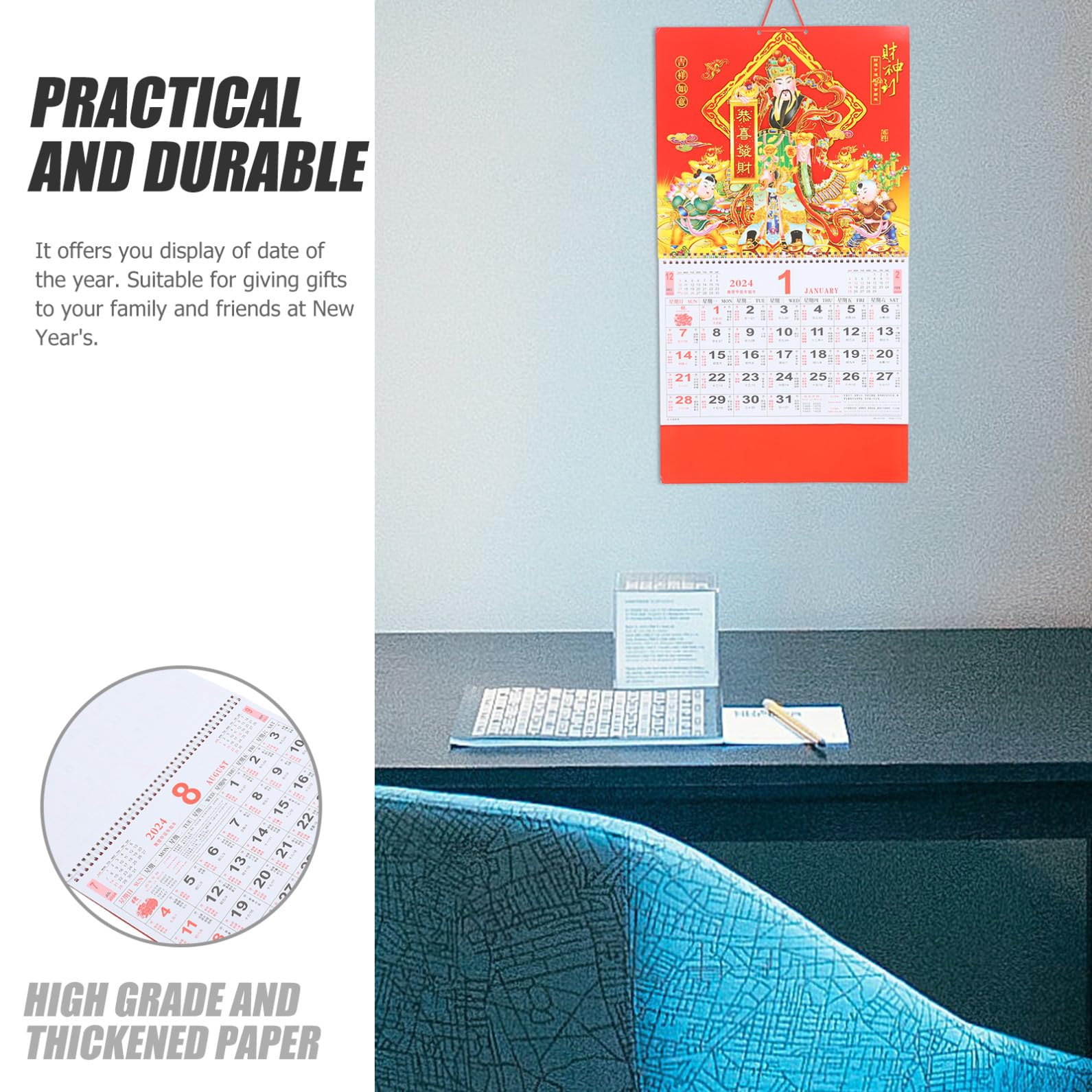 VILLCASE 4stücke Chinesischer Wandkalender Im Traditionellen Stil Fünf-punkte-design Handgefertigt Für Zuhause Und Feierlichkeiten Glück Im Jahr Drachen