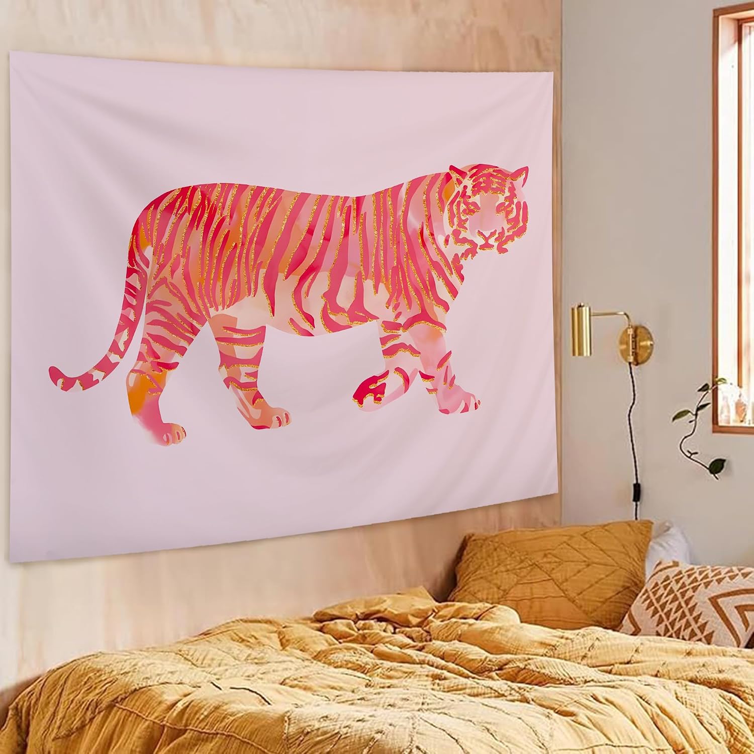 Luvadian Funky Preppy Tiger Aesthetic Tapestry Wall Hanging for Teen Girls Room, Bedroom, College Dorm, Living Room - Orange & Pink Room Decor, 50x60 Inches