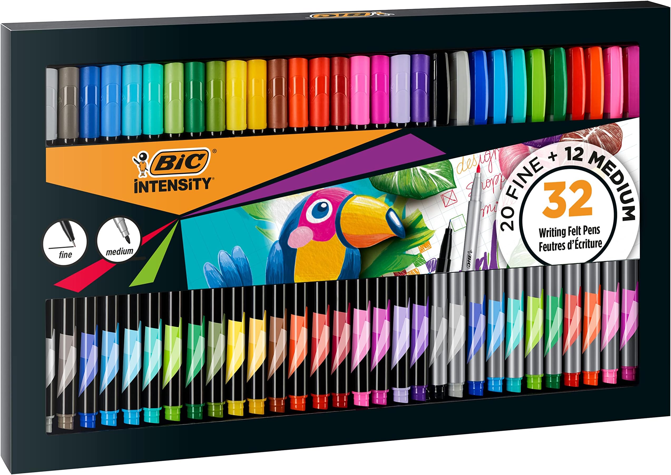Intensity Felt Tip Pens, Writing Pens with 20 Fine and 12 Medium Tips, Vibrant Colouring Pens, School Supplies for Kids or Adults, 32 Pack