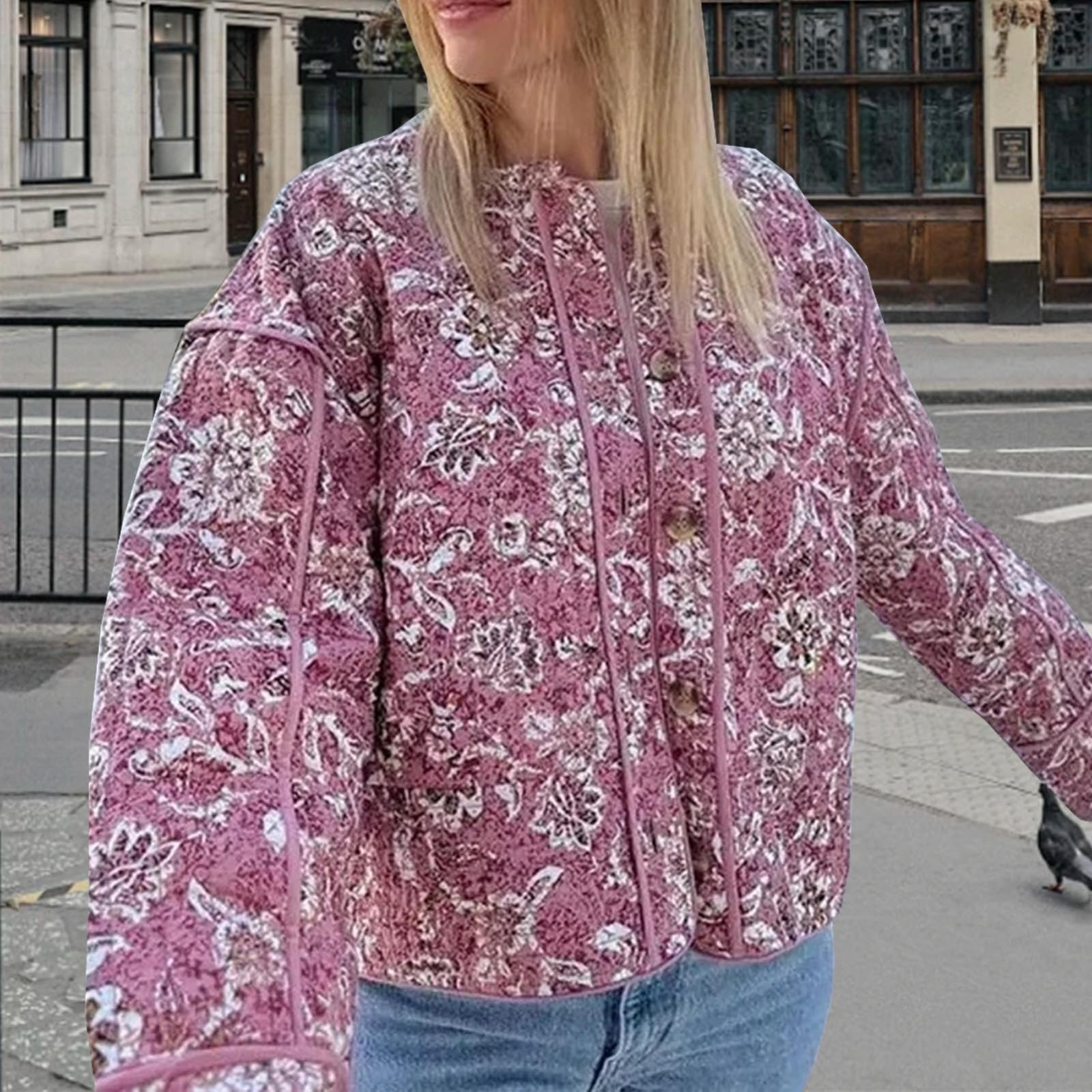 Veste Femme Doudoune Courte Cardigan à Imprimé Floral Vintage Veste Matelassée pour L'automne et l'hiver