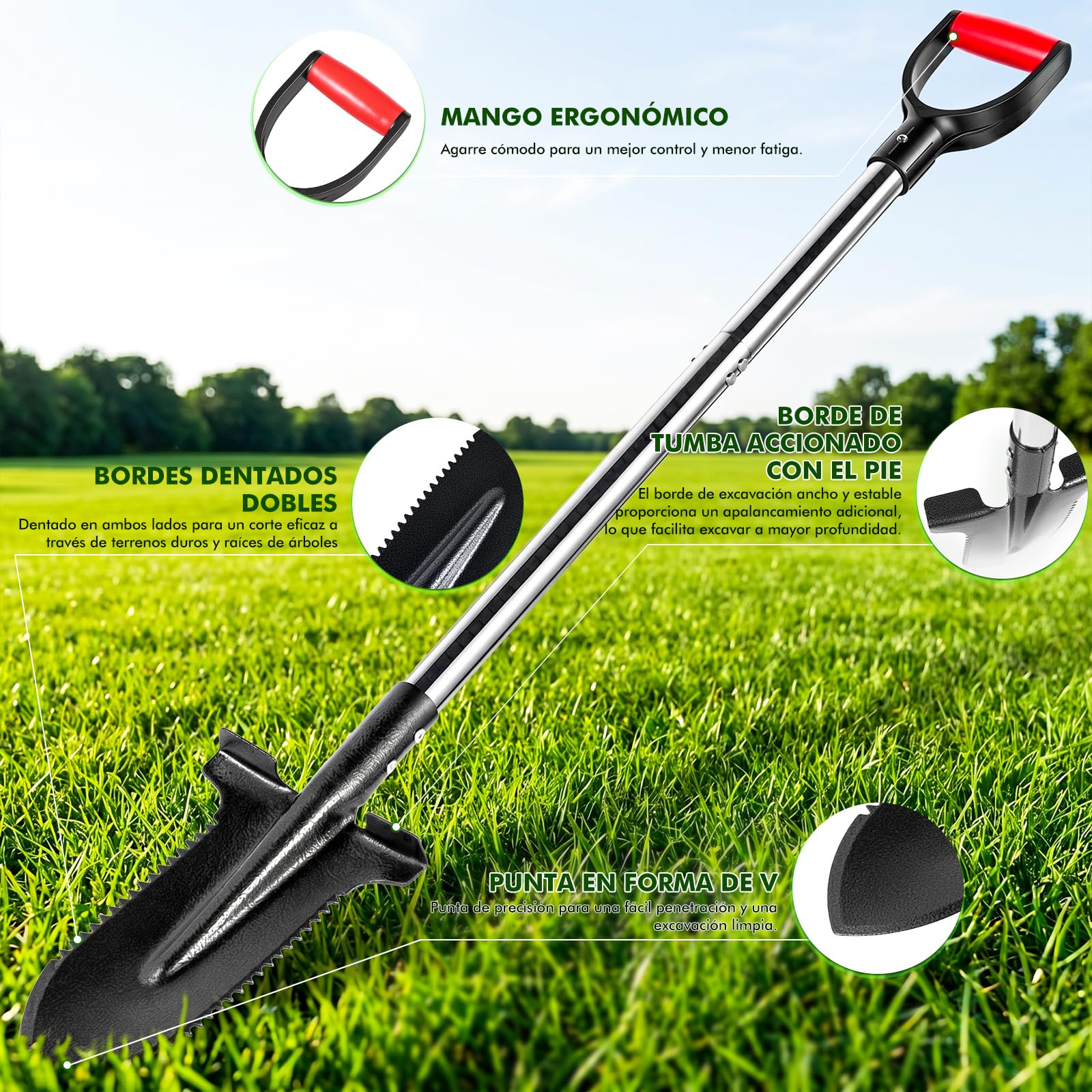 Pala de zanahoria resistente con grano de siembra, pala de jardín de acero al carbono de 115 cm con mango ergonómico suave, pala para jardín, raíces, excavación y suelos pesados