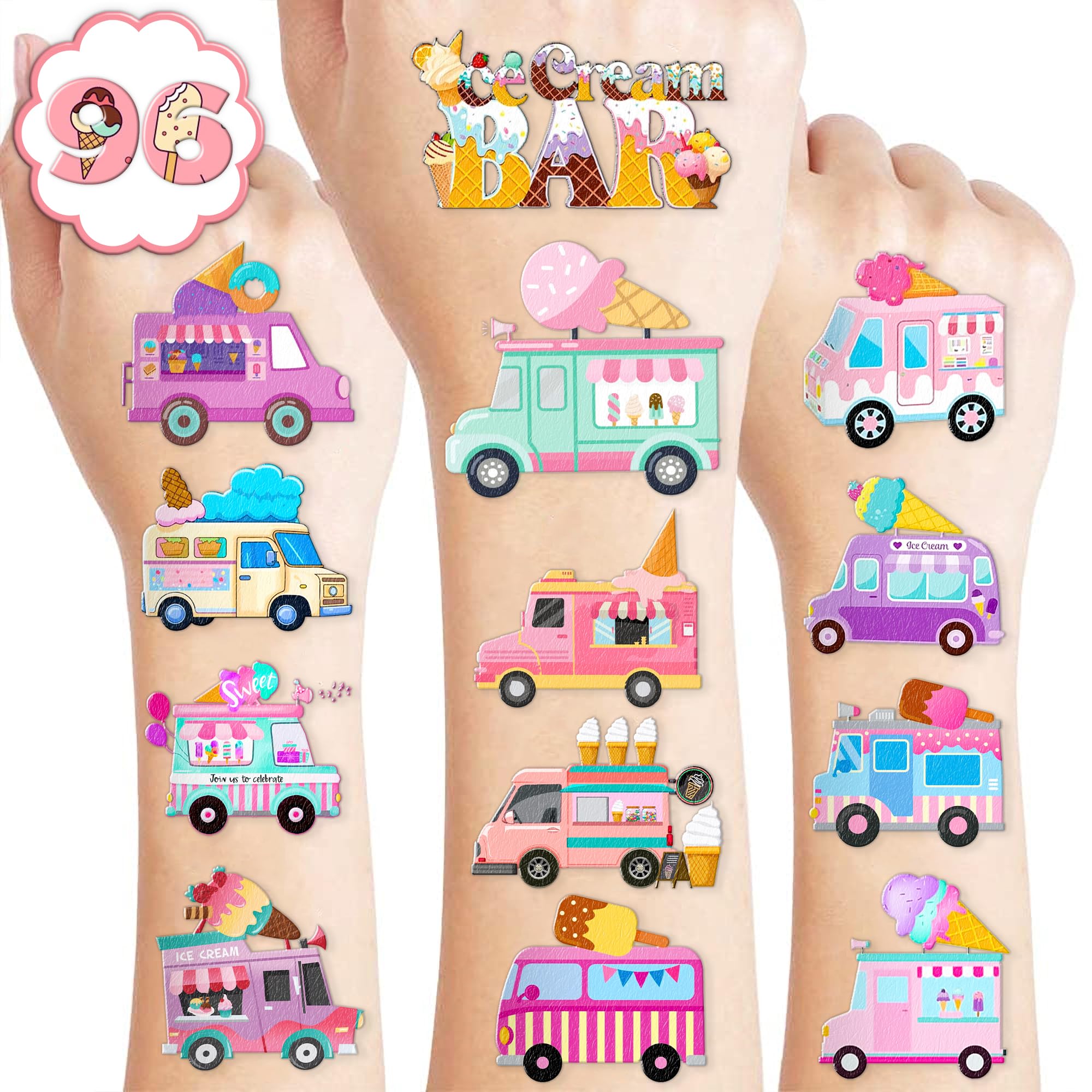 100 PCS Ice Cream Birthday Party Decorations Favors Supplies Temporary Tattoos Decor Ice Cream Truck Sweets Dessert Bar Stickers For Girls Boys