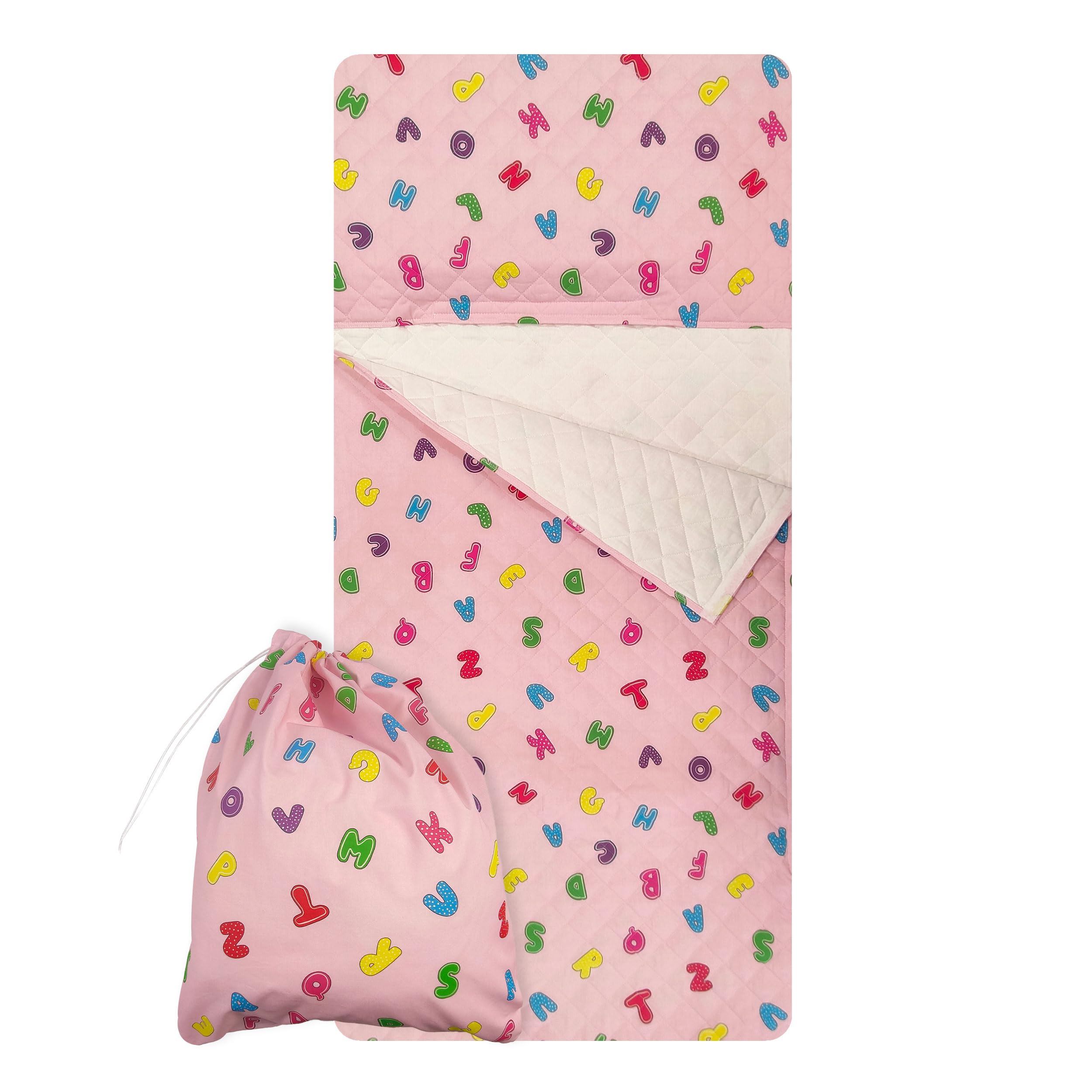 Panini Tessuti Ensemble de puériculture, Sac de Couchage et Pochette pour bébés de 2 à 6 Ans - Tissu matelassé 100% Coton - Made in Italy (Lettres Roses Ensemble de puériculture)