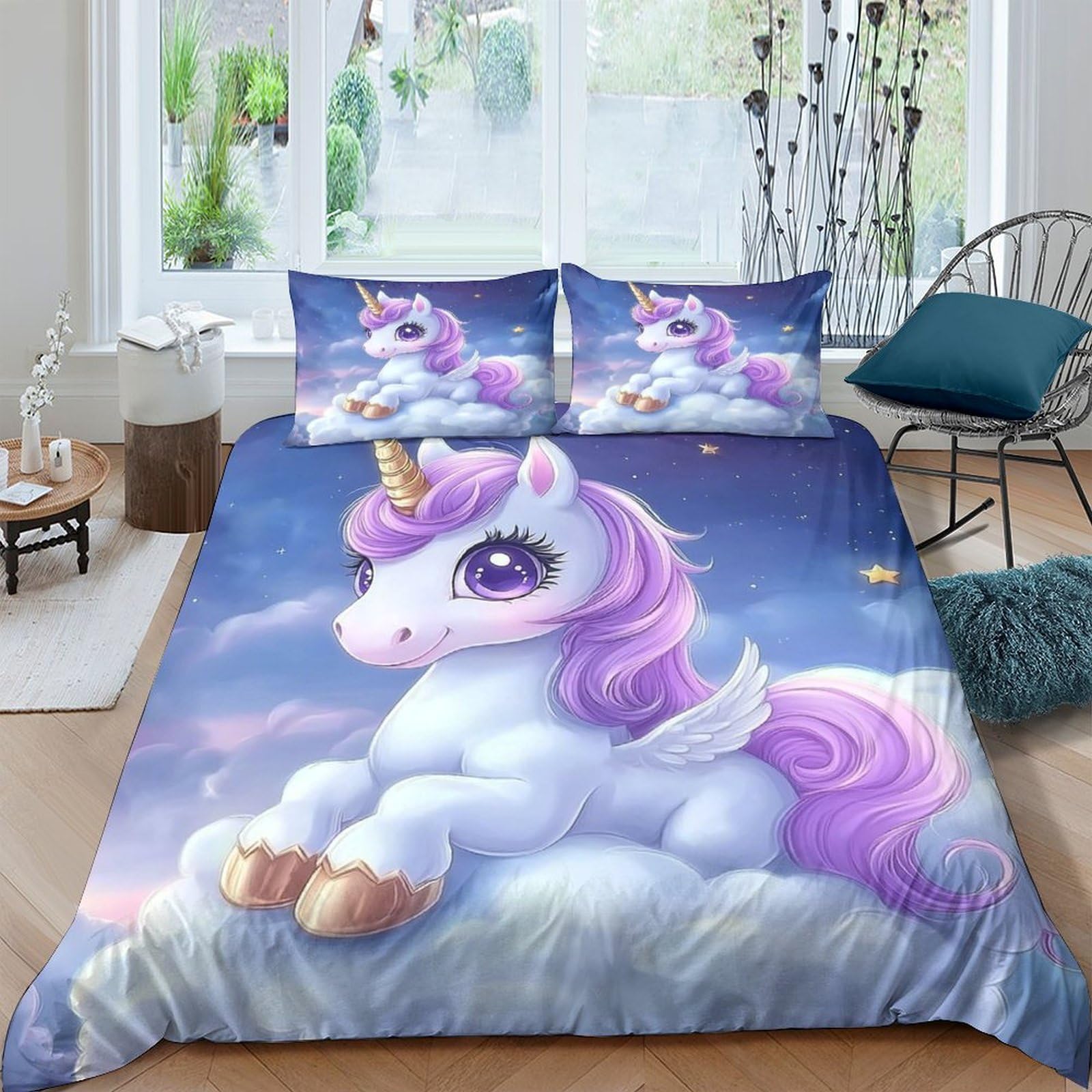 GPLZQXKJNH 3D Printed Cute Unicorn Duvet Cover Microfiber Soft Breathable Fantasy Sky Bedding Set with 2 Pillowcases for Bedroom Decor Single（135x200cm）