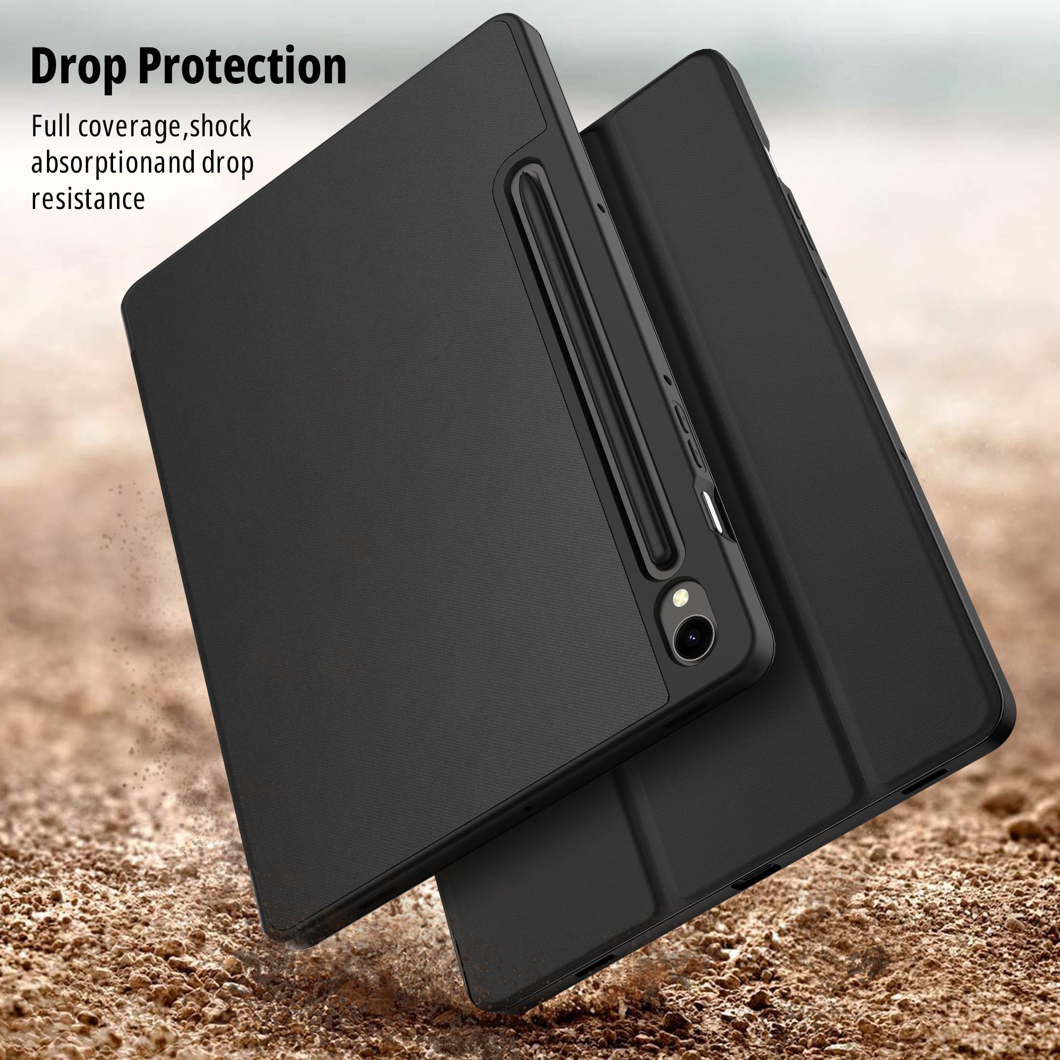 Custodia Cover Compatibile con Samsung Galaxy Tab S9 FE/S9 2023 11 Pollici con Cover Leggero Supporto in Pelle PU Case con Vetro Temperato,SM-X710 (Wi-Fi)/SM-X716B (5G Global)/SM-X718U,Nero