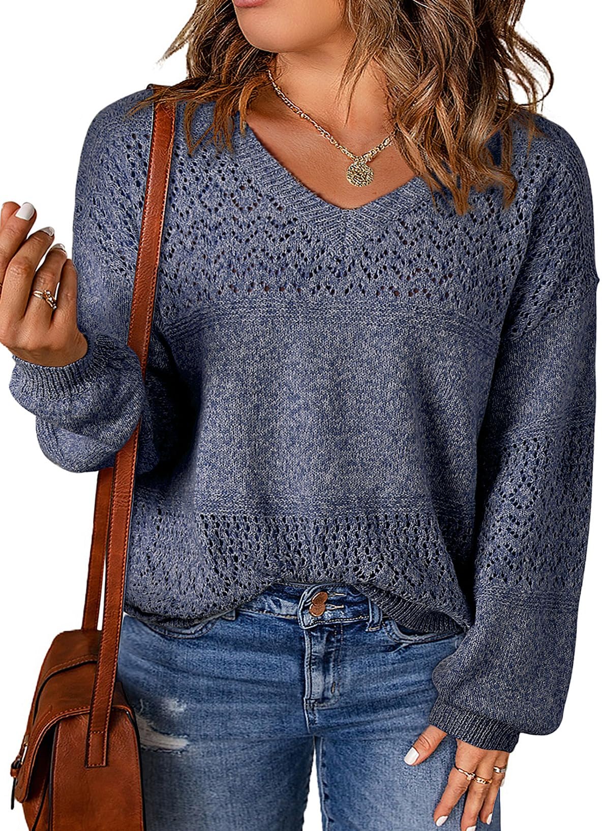 Eytino Womens Plus Size Sweater Casual Long Sleeve V Neck Crochet Knit Lightweight Pullover Sweater Tops 1X-5X