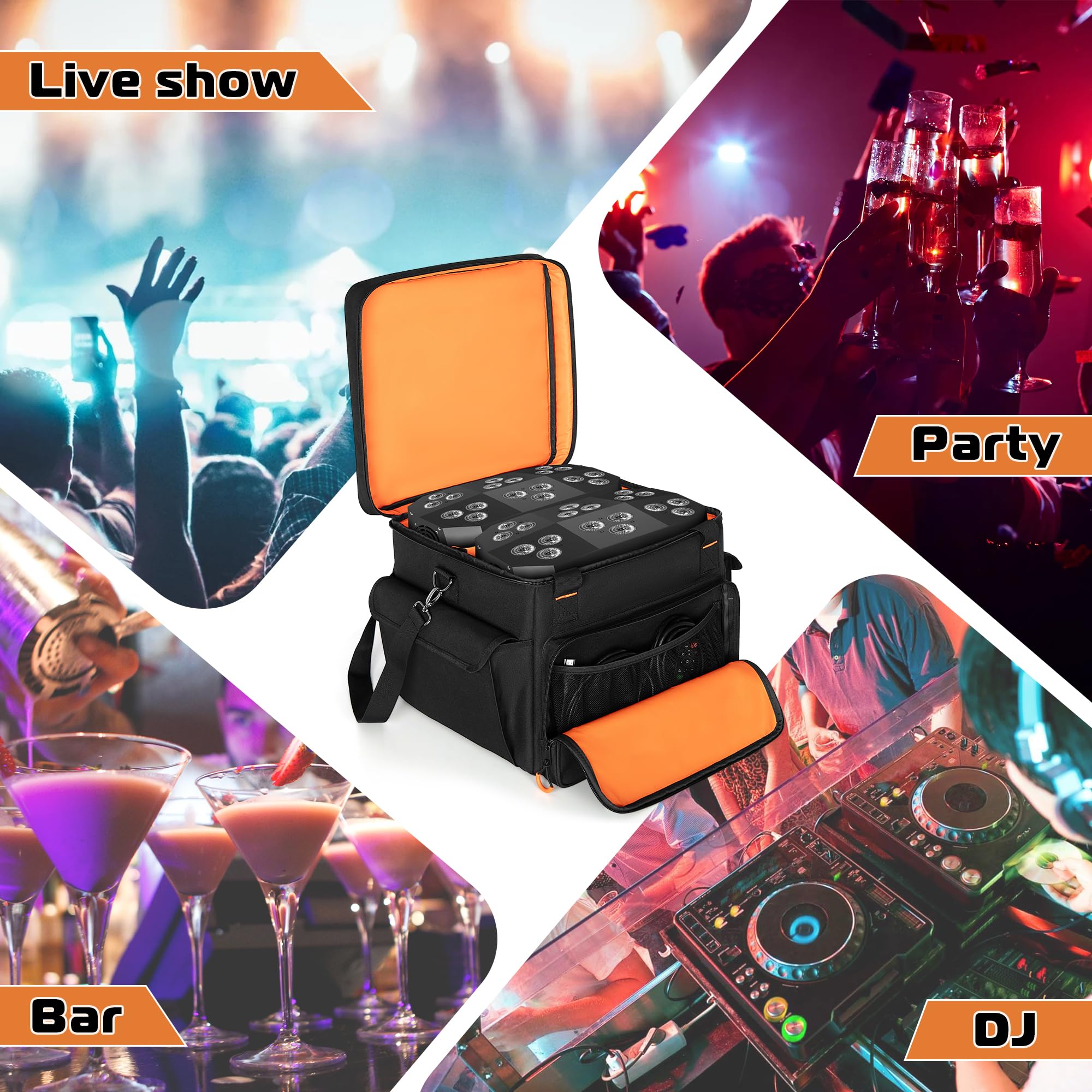 Luxja Borsa per 2 Luci Discoteca o Luce da Palco a Testa Mobile, Borsa per Luce da Palco con Divisore Interno e Tasche per Accessori, Nero
