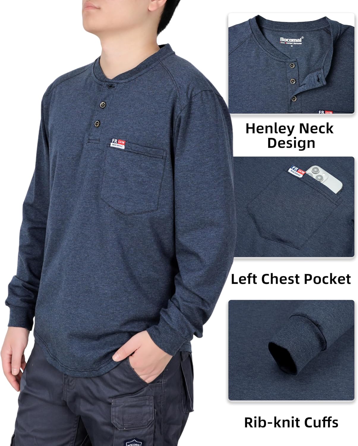 BOCOMAL FR Shirts Long Sleeve Henley Cotton Tencel Heather Blended Flame Resistant Work T Shirt CAT2 - Image 5