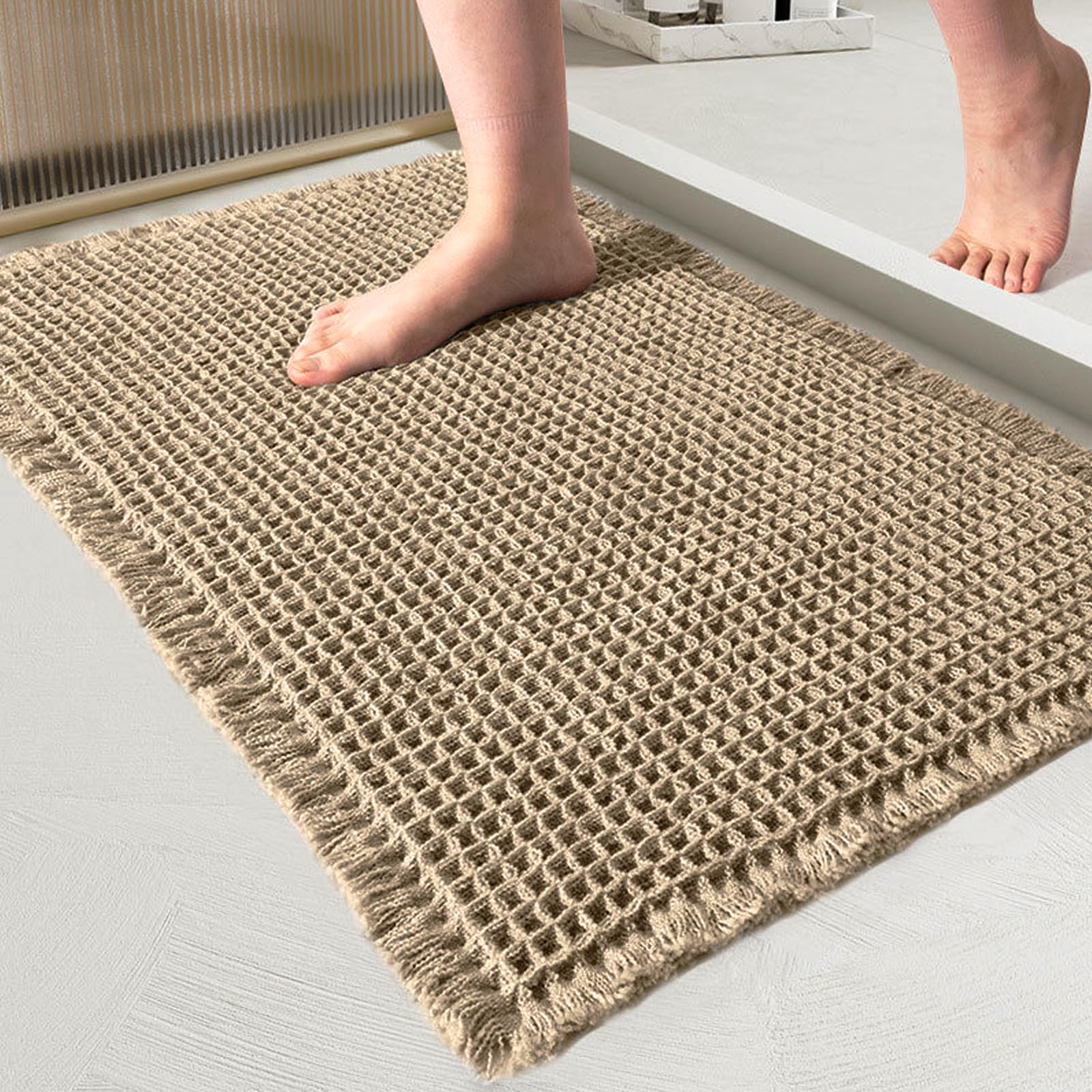 Jyswx Waffle Bath Mat – Quick Dry Non Slip Bathroom Mat, Soft Absorbent Anti-Mould Bathmat for Shower Floor, Washable Cotton Bath Rug, Brown, 40x60+50x120cm — image 1