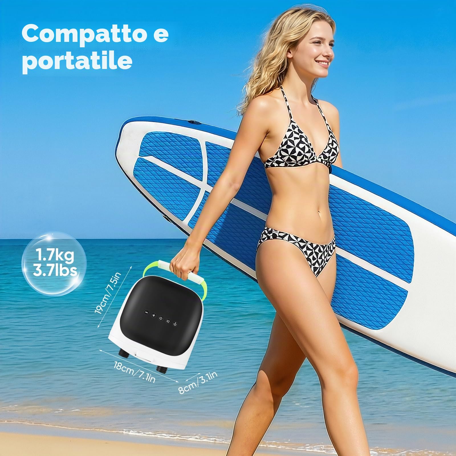 Pompa Elettrica SUP 20PSI, Pompa SUP Ricaricabile Gonfiabile con Gonfiaggio Intelligente a Doppio Stadio & Auto-Spegnimento, 6 Ugelli per Canoa, Barca, Tenda, Kayak Gonfiabile