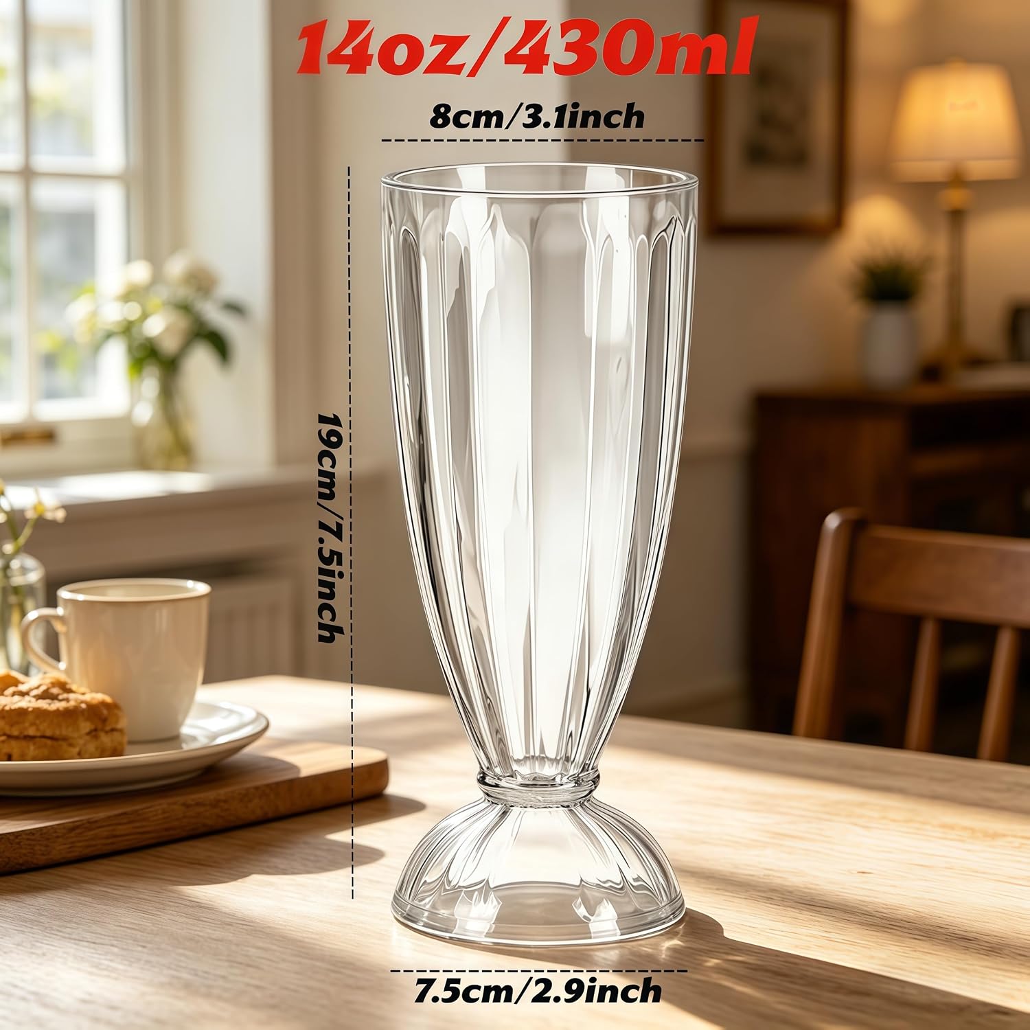 Plastic Milkshake Glasses Cups, 14oz Iced Coffee Cup Set of 2, Reusable Juice Cocktail Drinking Cups, Sundae Cups