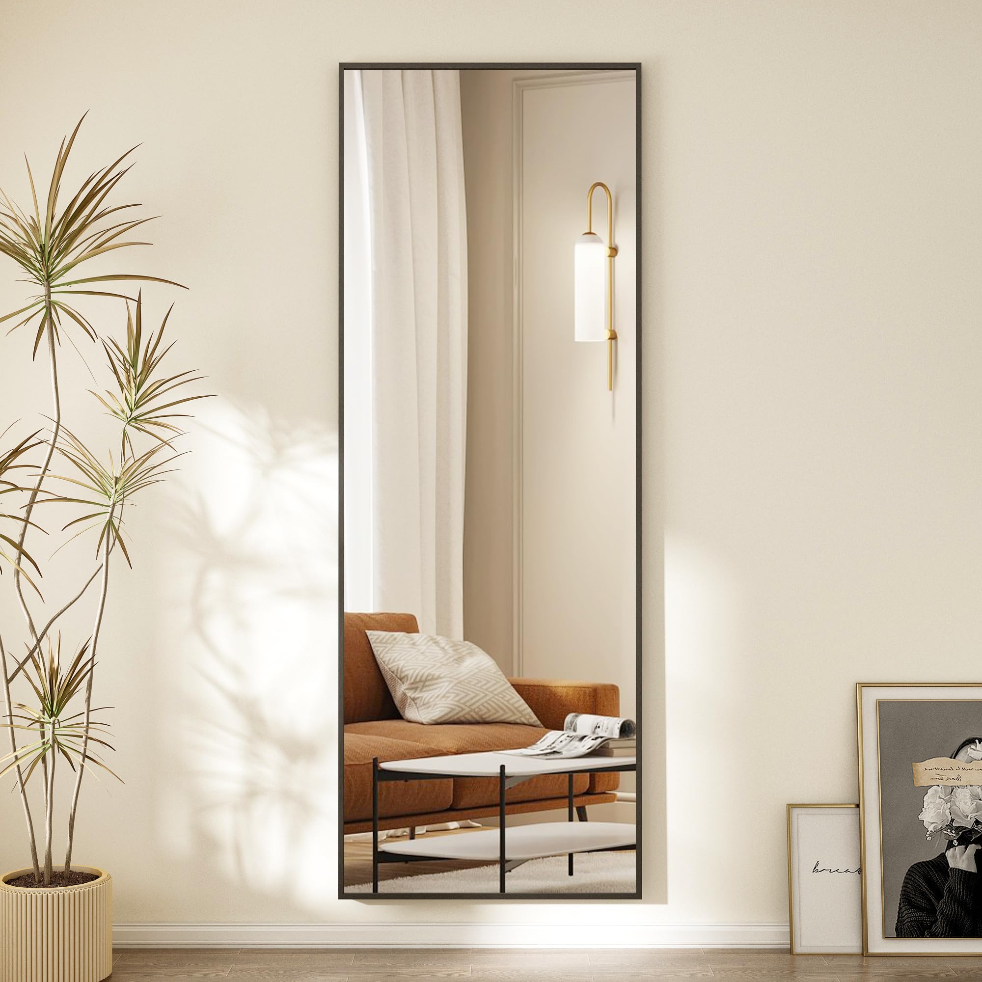 160 x 40 cm minimalistische Rahmen Standspiegel Ganzkörperspiegel, Schwarz Metallrahmen Rechteck Wandspiegel Stehspiegel Standspiegel für Schlafzimmer, Wohnzimmer, Flur und Garderobe