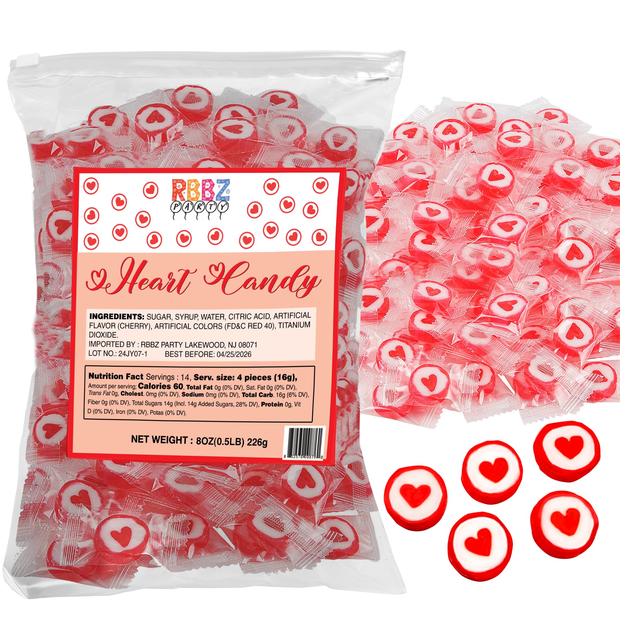 Heart Candy - Hard Candy 8 OZ Resealable Bag of Individually Wrapped Small Red Heart Candies (approx. 61 pcs) - Great for Office Candy - Heart Party Favors and Candy Bags - Yummy Treats for Kids and Adults