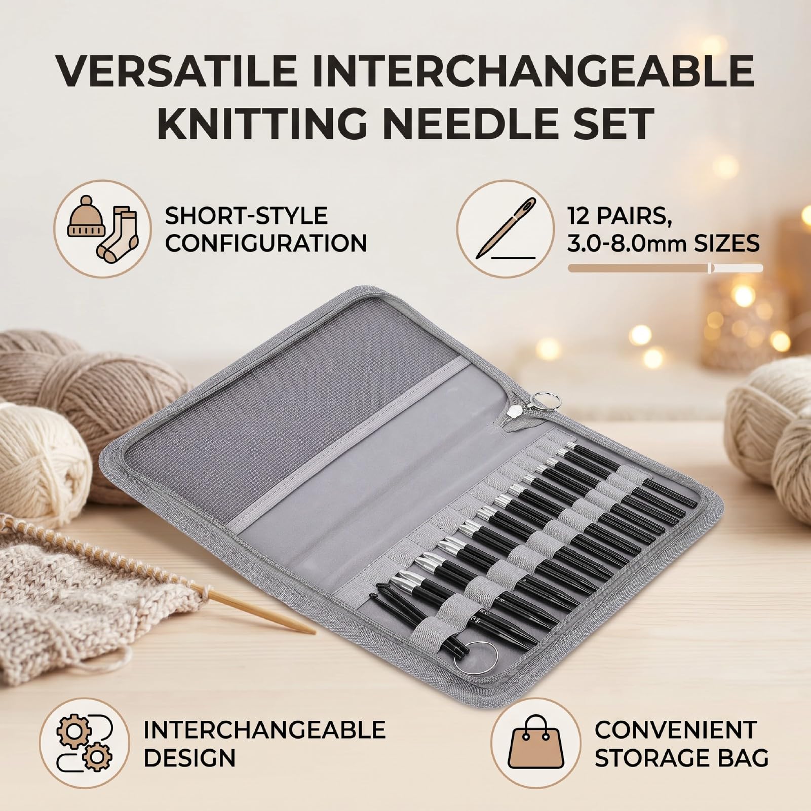 Cryfokt Austauschbares Stricknadel-Set, 12 Paar, 3–8 Mm, mit Kabeln, Leichtes Rundstricknadel-Set aus Aluminium Zum Stricken von Socken, Babymützen und Anderen Kleinen Projekten