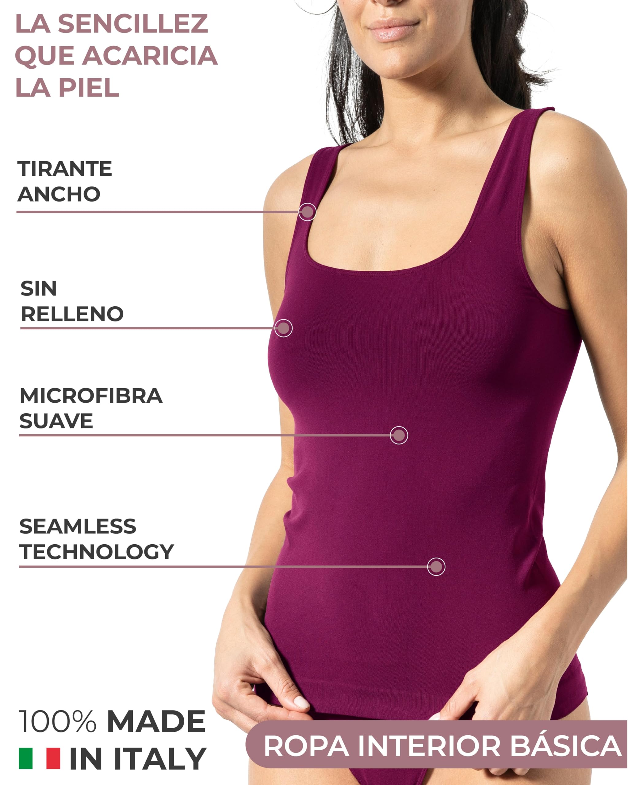 Risalti Camiseta Tirantes Mujer Hombro Ancho de Microfibra 3 Pzs - Camiseta Mujer Sin Manga Elegante, Top más Suave Que el Algodon, Camisetas Sin Costura y Etiquetas - Made in Italy