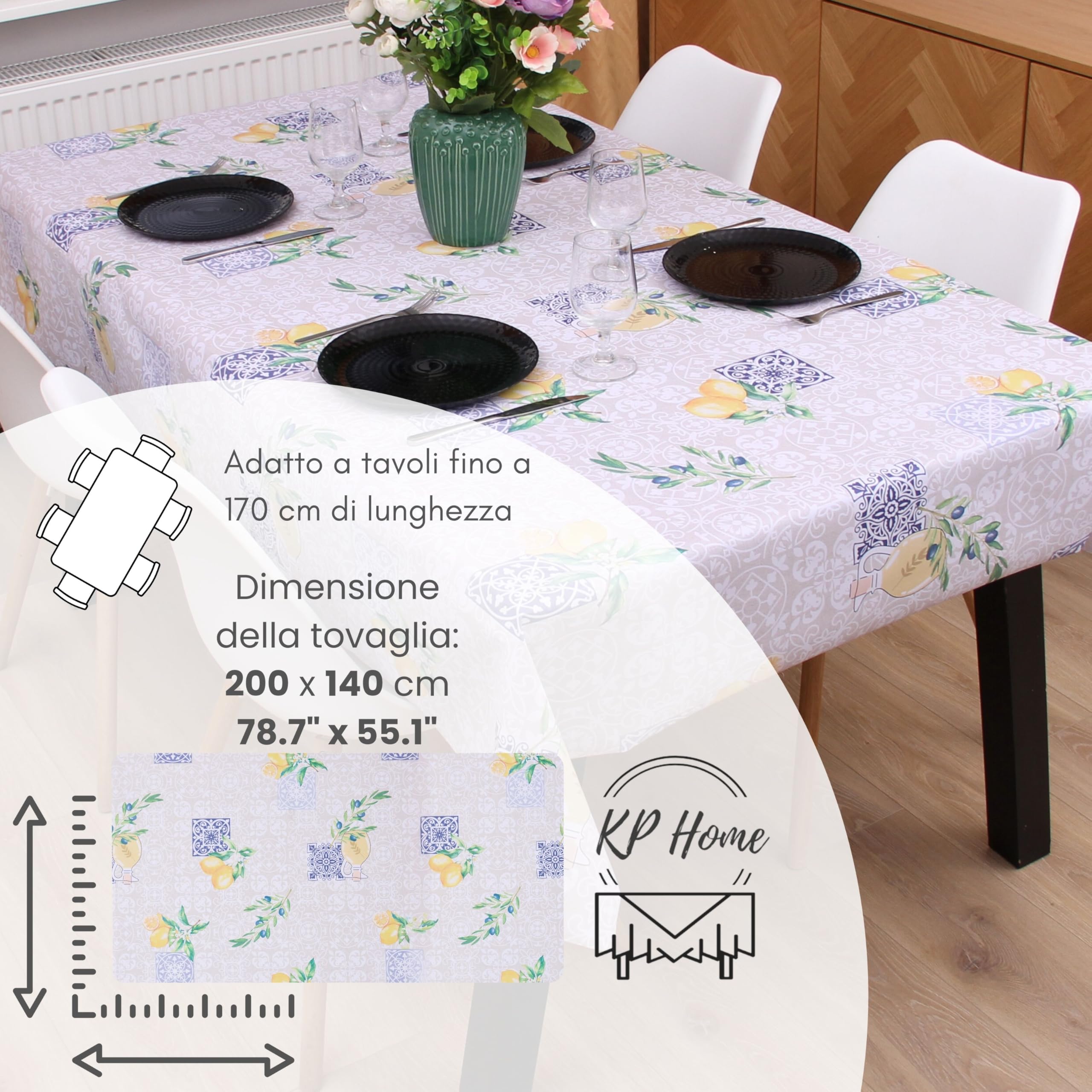 KP HOME Tovaglia Plastificata Rettangolare Beige – Stampa Artistica Dorata E Blu – Dimensioni 200x140 cm – Copritavolo In PVC Con Effetto Brillante – Tovaglia Cerata In Vinile Lavabile E Impermeabile