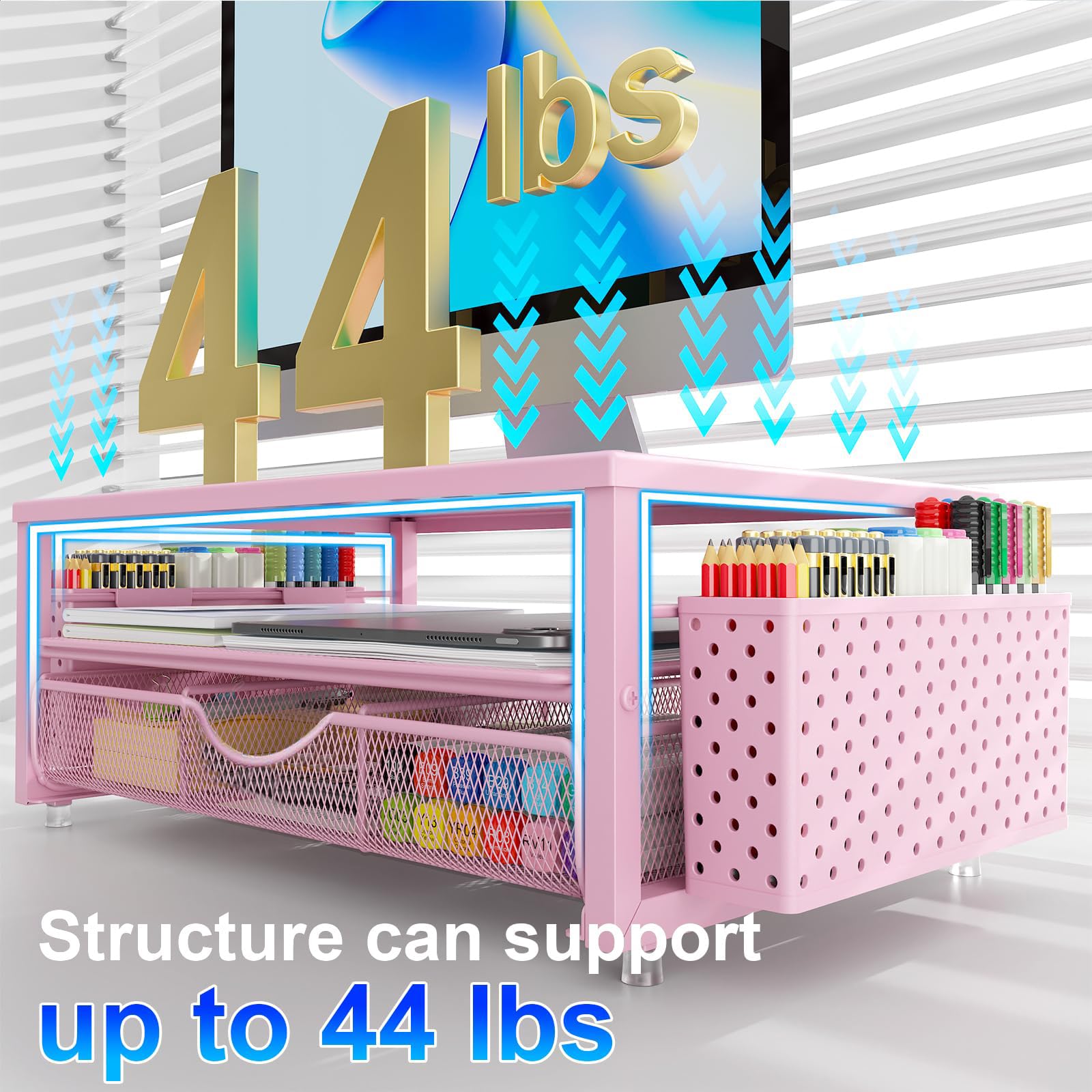 Supporto per Monitor con Cassetto, Accessori per Scrivania e Organizer con 2 Porta Penne, Supporto Ergonomico per Scrivania per Accessori da Ufficio (Rosa)