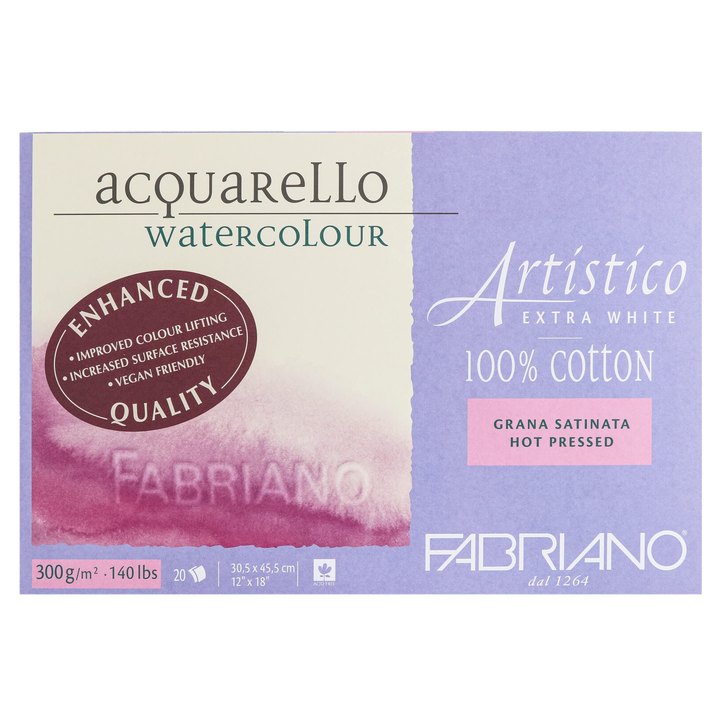 Fabriano Artistico Extra White Watercolor Block, 140 lb./300 GSM, Hot Press, 20 Sheets, 12" x 18"