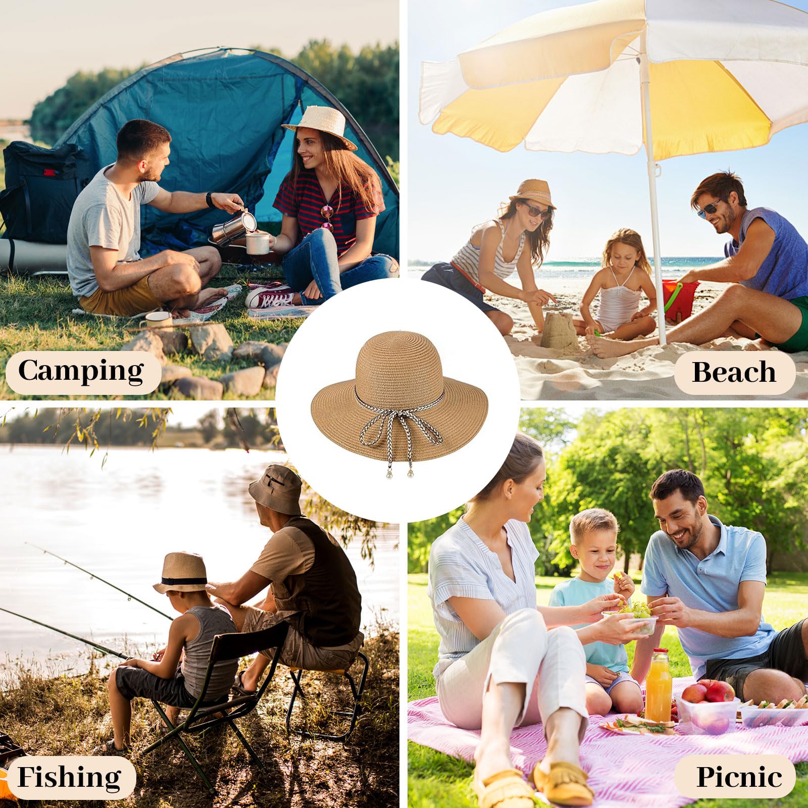 BelleVive Chapeau de Soleil pour Femmes - Protection UV 50+, Paille d'Été, Repliable à Large Bord