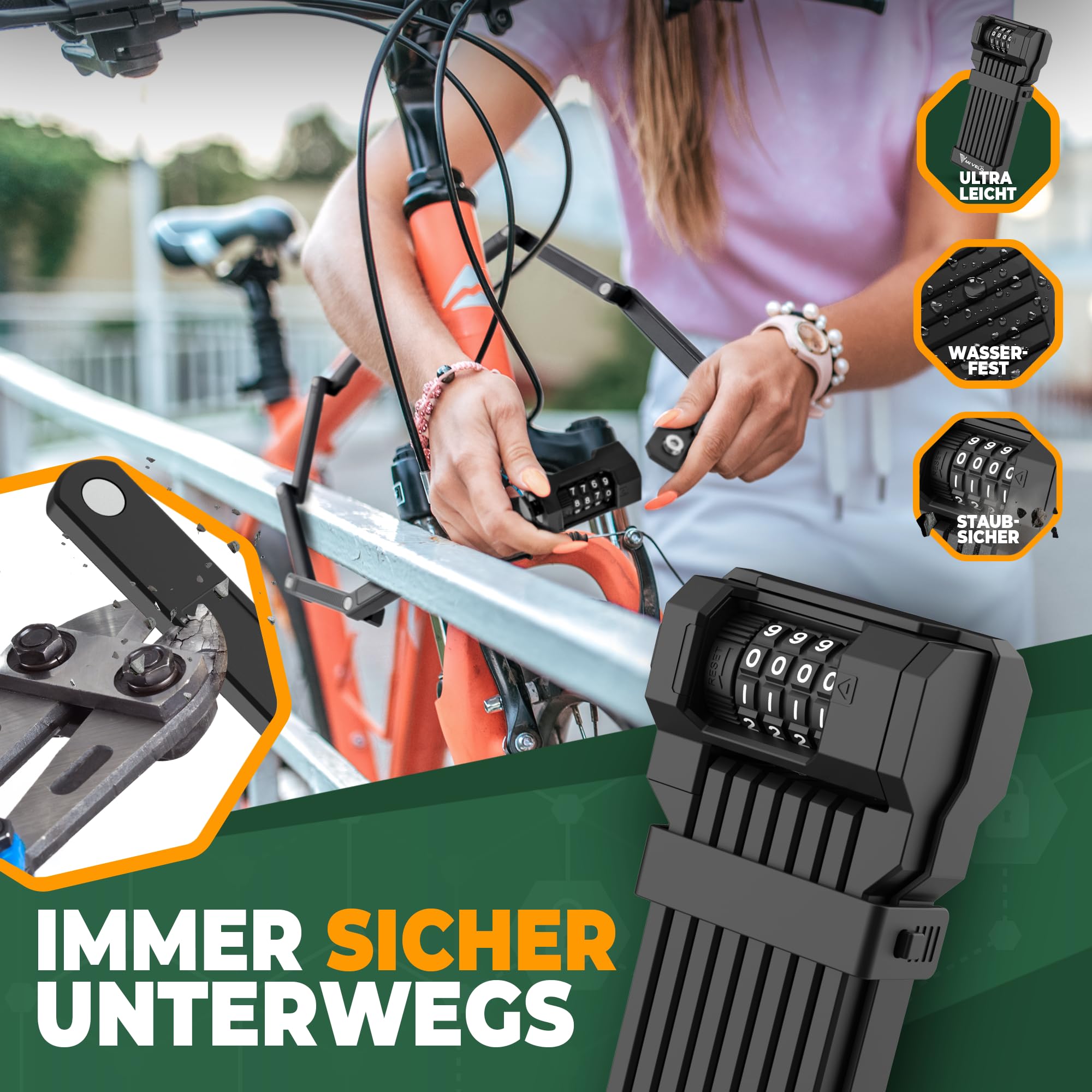 MIVELO Antivol pliable pour vélo - Haute sécurité - 85 cm de long - Serrure à combinaison avec support - Idéal pour vélo électrique, VTT et vélo de route (avec code numérique)