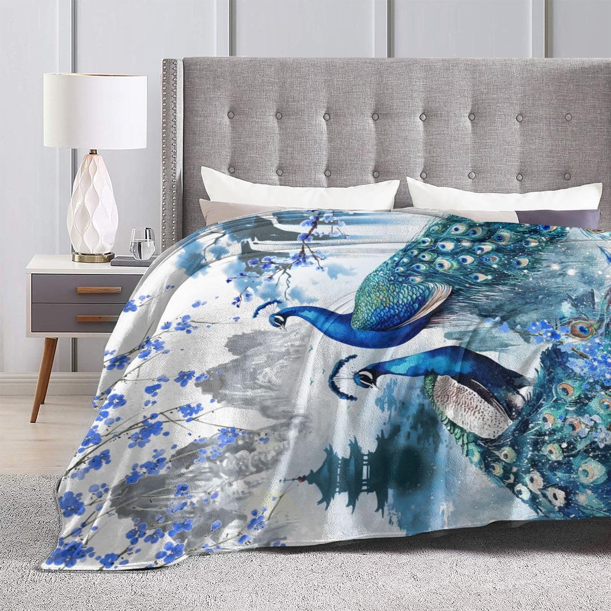 Peacock Throw Blanket, Traditonal Japanese Landscape Oriental Cherry Blossom Floral Bird Warm Cozy Flannel Soft Blanket for Couch Chair Sofa Bed Travel Camping Bedroom Living Room Car 30"x 40"