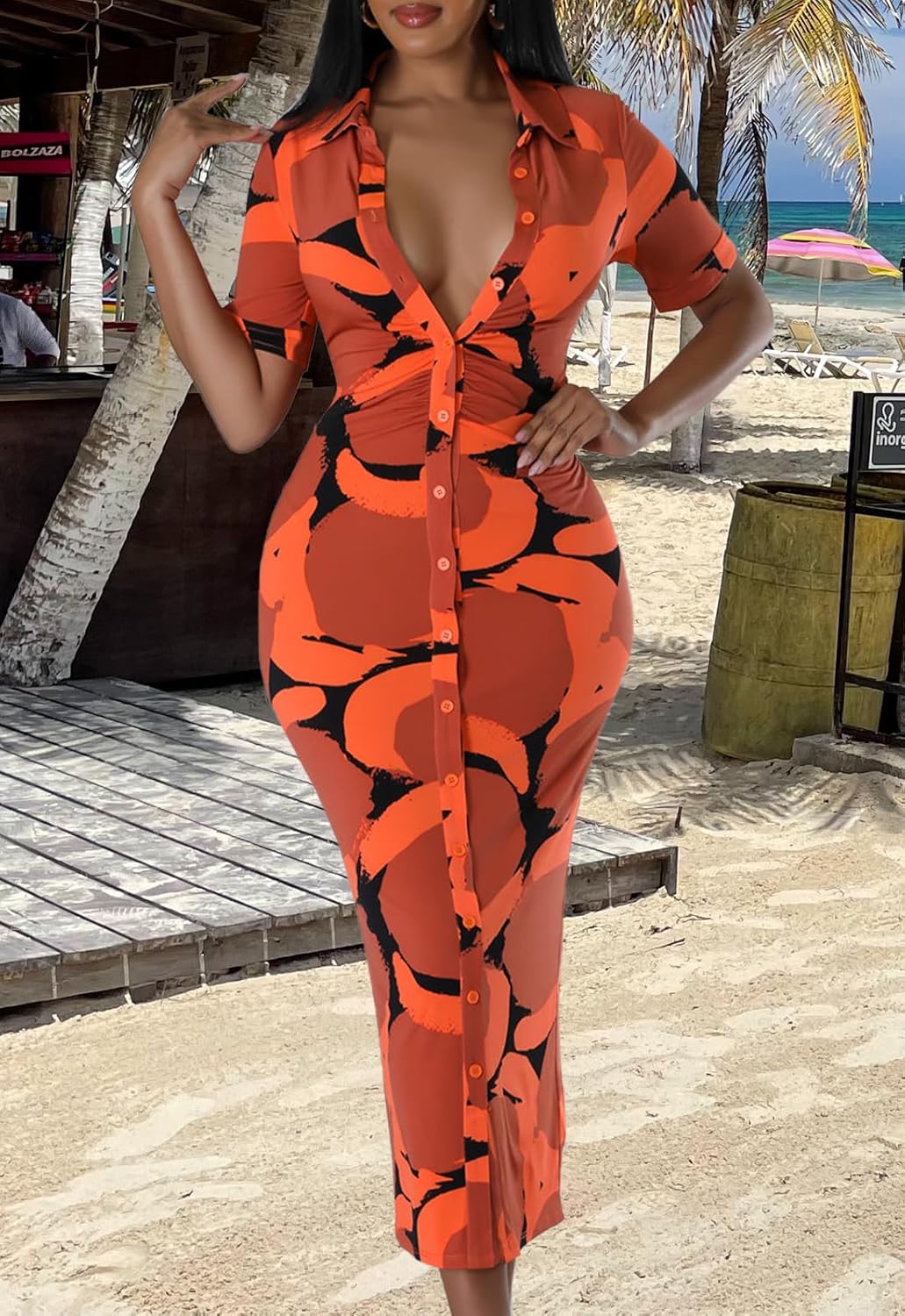 ZERMOM Women's Button Down Shirt Dress Short Sleeve Print Collar V Neck Summer Bodycon Midi Dresses - Image 5