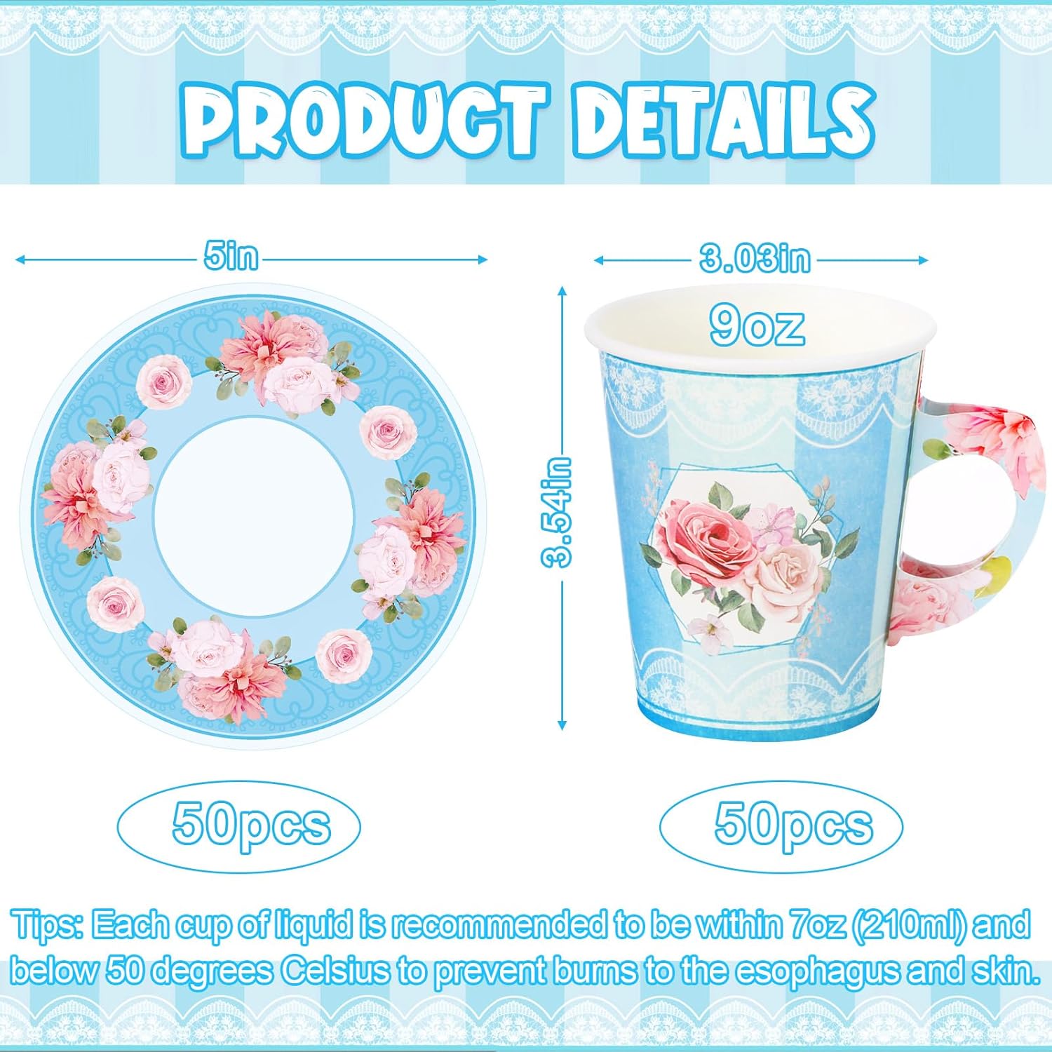 Zopeal 100 Pcs Disposable Tea Party Decorations 9 oz Floral Paper Cup with Handle and Saucer Set for Mother Day Wedding Birthday Spring Princess Blossom Party Baby Shower Supplies(Sky Blue)