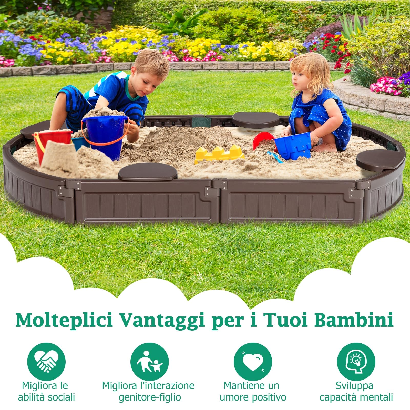 GYMAX Sabbiera per Bambini, Sabbiera con 4 Sedili Staccabili, Sabbiera con Coperchio Impermeabile e Antipolvere, 183 x 105 x 21cm, per Bambini di 3 Anni e più, per Piscina & Giardino, Marrone