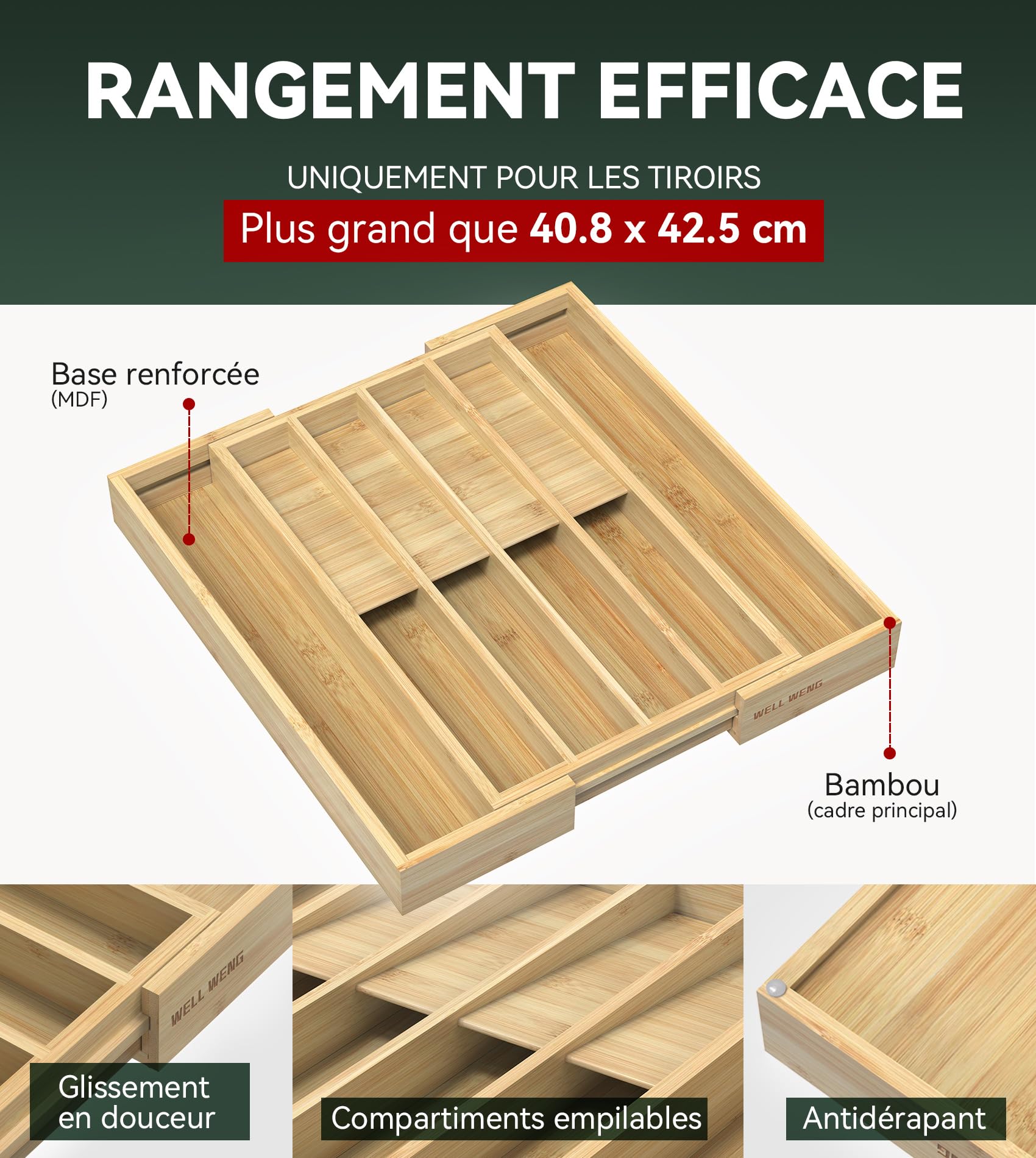 WELL WENG Range Couverts Extensible pour Tiroir en bambou