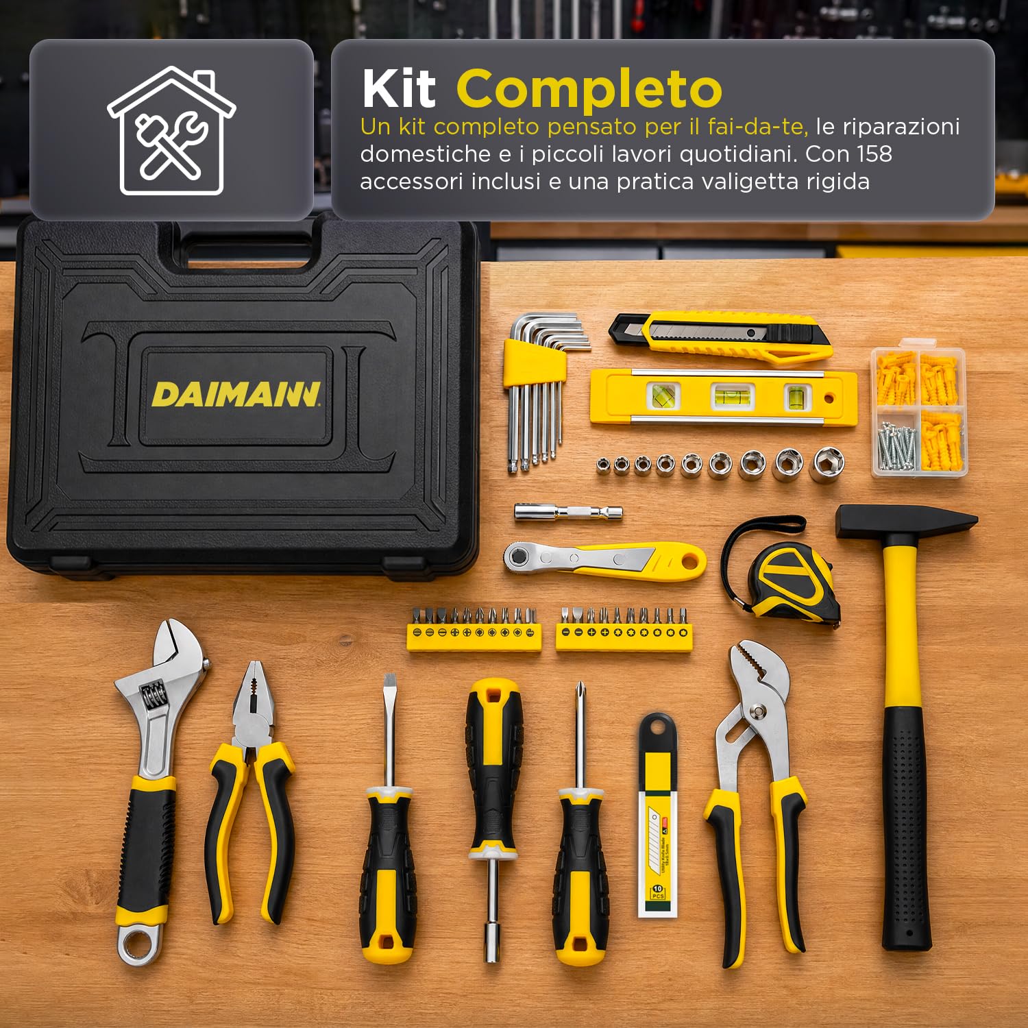 Avilia Juego de herramientas de trabajo de 158 piezas, maletín de herramientas completo rígido, kit profesional de bricolaje, surtido de brocas, trinquete, alicates, martillo, nivel, metro y cúter de