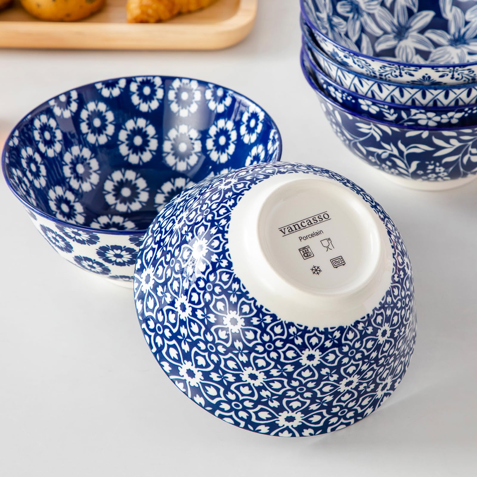 vancasso Serie SELENE - Set di 6 Ciotole per Colazione Cereali in Ceramica da 720 ml – Stile Cinese Blu e Bianco - Ciotole Cucina Adatte per Cereali, Insalata, Zuppa, Ramen, Pasta e Dessert